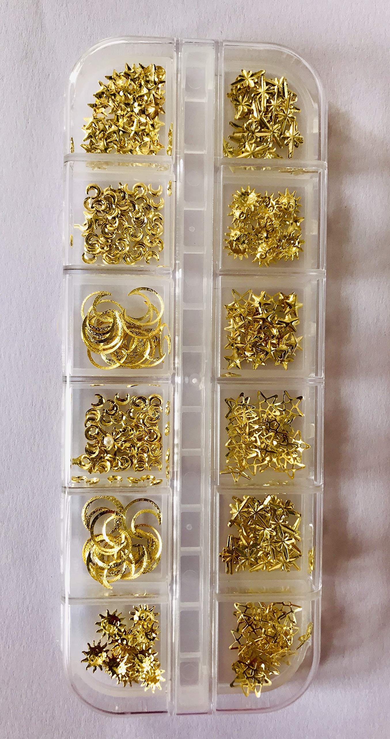12-Pack Mixed Gold Metal Studs for Nail Art - DIY Non Hotfix Flatback Rhinestones for 3D Nail Decorations - Perfect for Manicures, Acrylic Nails & Salon Use