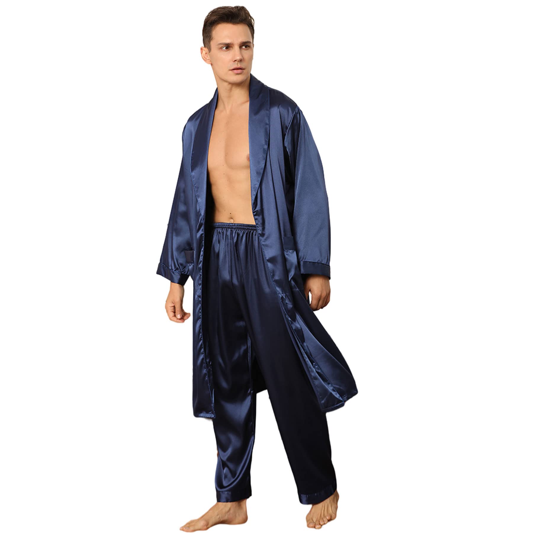 Luxury Men's Satin Kimono Pajama Set - Long Sleeve Sleepwear & Bathrobe with Matching Pants - Soft Nightwear for Relaxation, Lounging & Spa Days