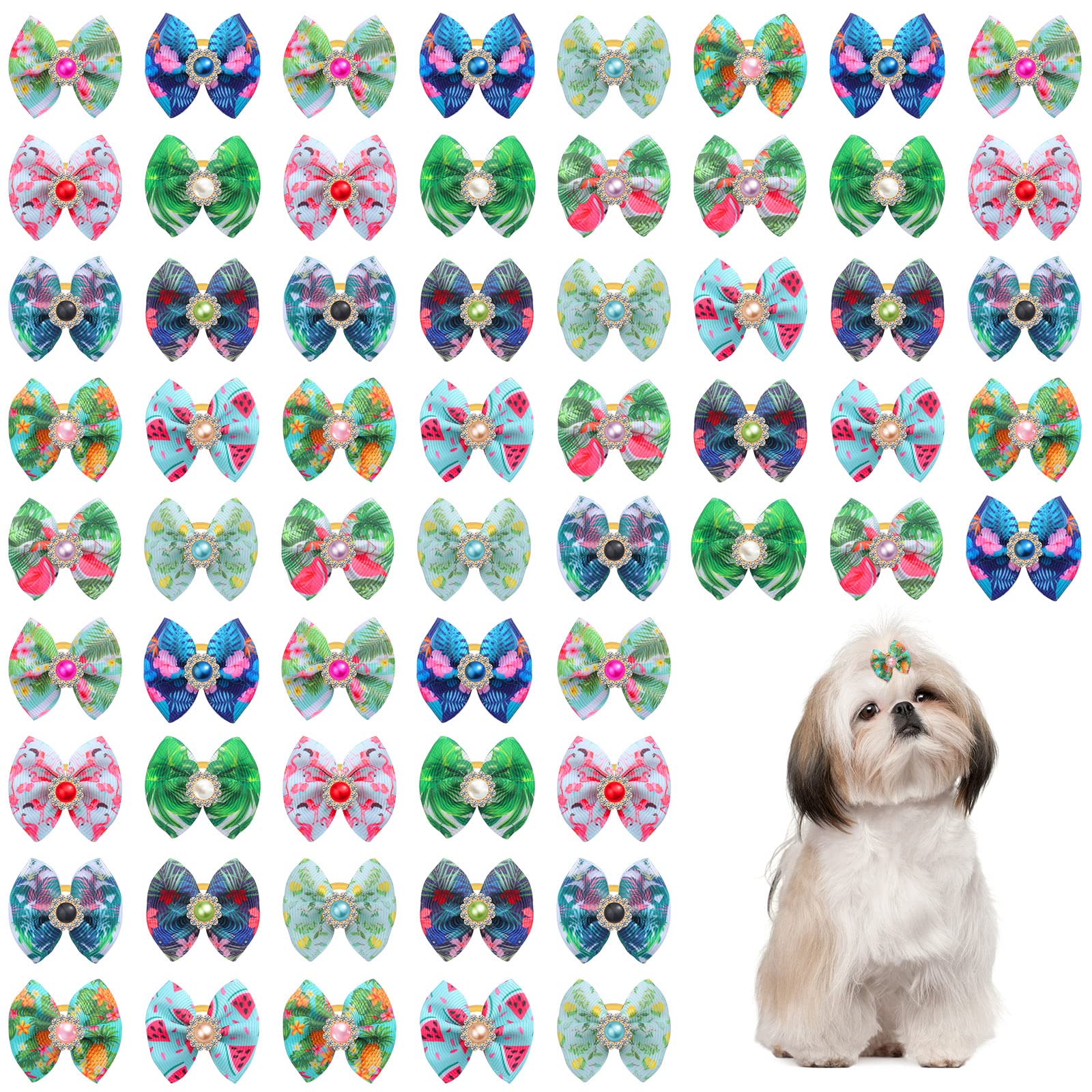 60 Pcs Hawaiian Dog Hair Bows with Rhinestones - Summer & 4th of July Pet Grooming Accessories