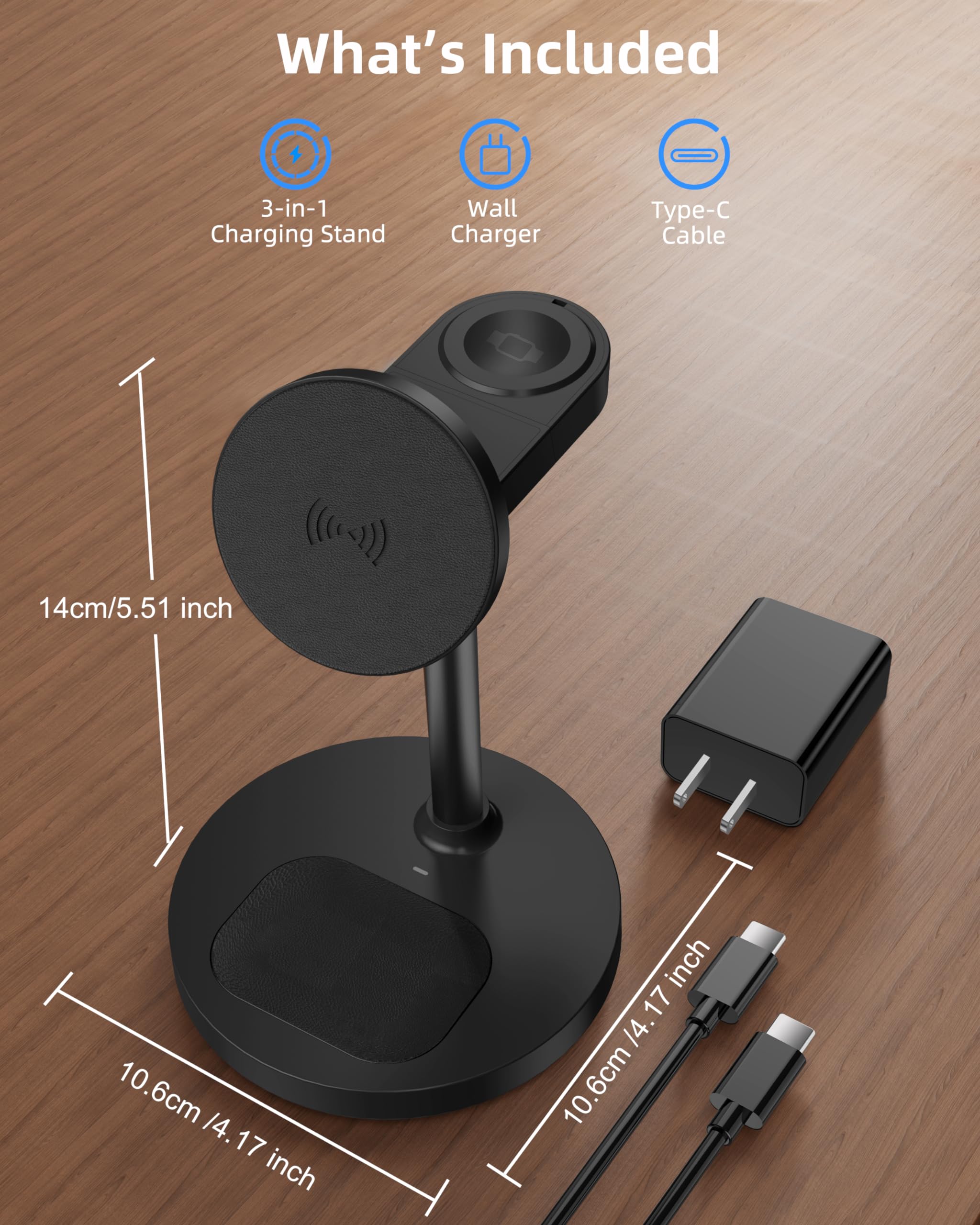 3-in-1 Magnetic Wireless Charger Stand for iPhone 16/15/14/13/12 Series | Fast Charging Station for Apple Watch & AirPods | Aluminum Alloy Base with Leather Pad (Black) - Perfect for Home, Office & Nightstand Charging