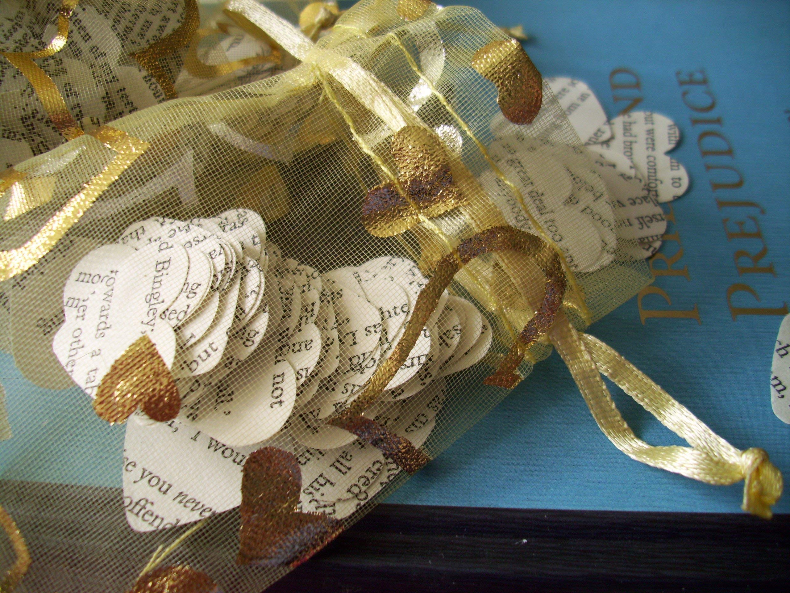 Jane Austen Book Confetti - Handmade Paper Hearts in 4 Organza Gift Bags for Weddings, Literary Parties & Romantic Celebrations
