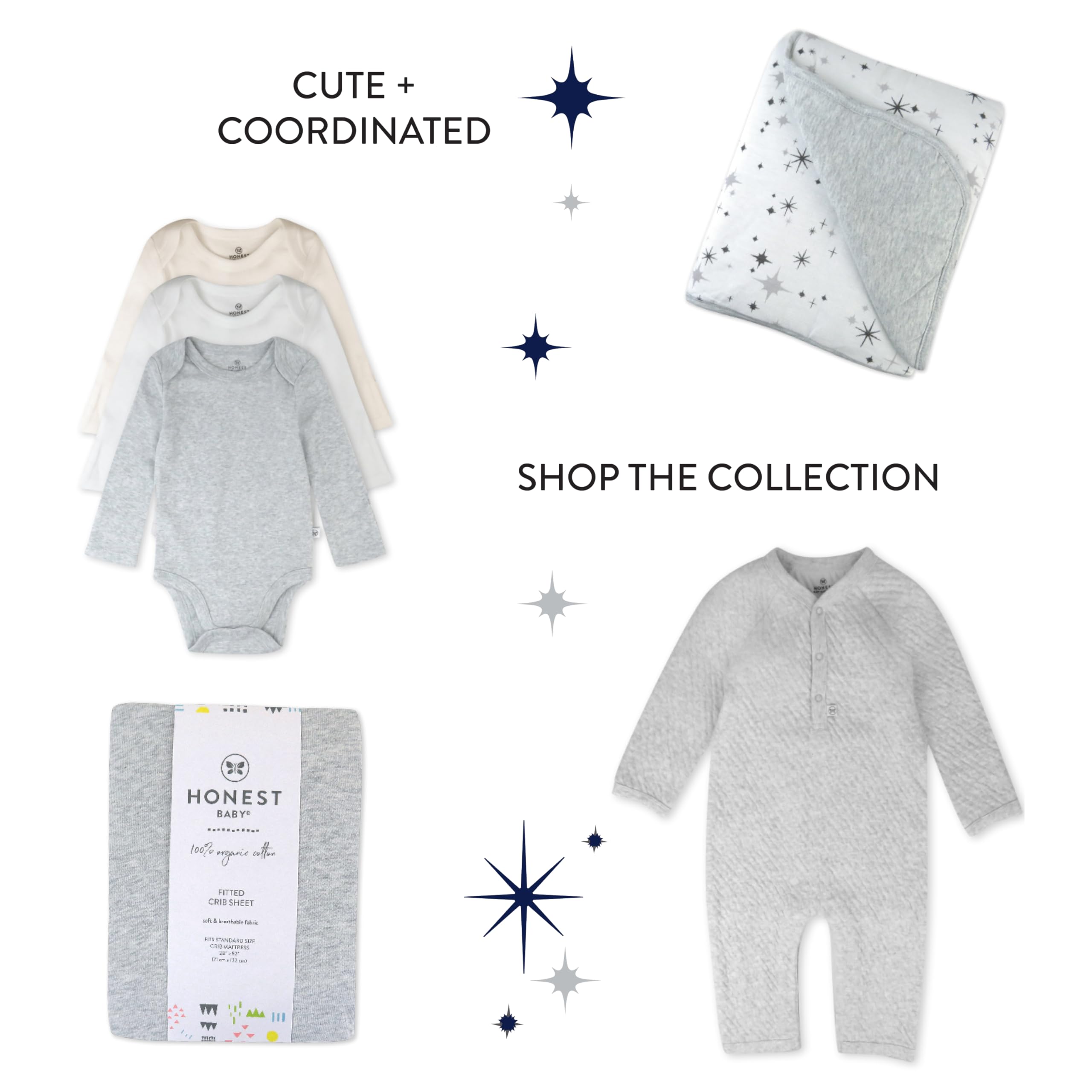 HonestBaby Quilted Baby Blankets - Reversible Organic Cotton Blanket for Infant Boys & Girls, Unisex Soft Nursery Blanket, Twinkle Star Grey, One Size - Perfect for Crib, Stroller & Swaddling