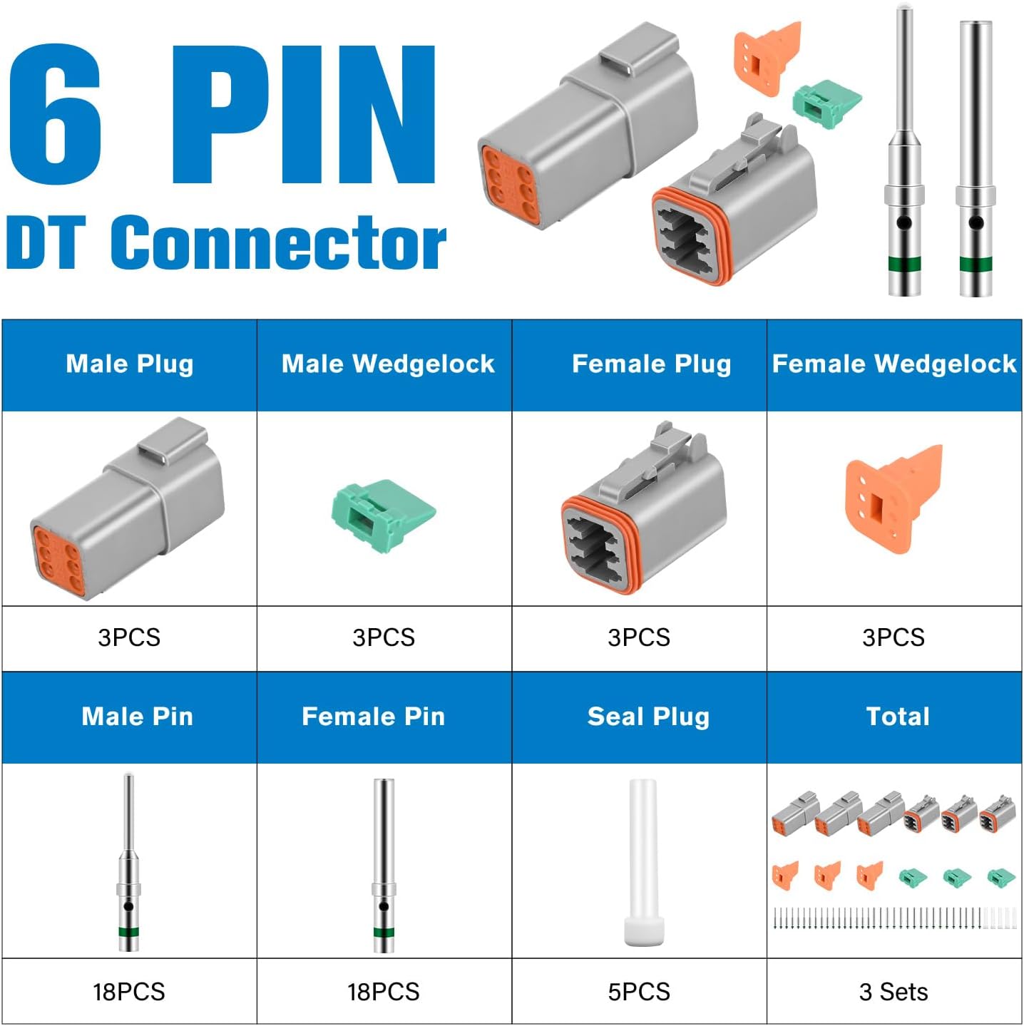 6 Pin DT Connector Kit - 3 Sets with 16 AWG Solid Contacts, Waterproof Male & Female Terminals for 14-20 AWG Wires - Perfect for Automotive, Marine, and Outdoor Electrical Wiring