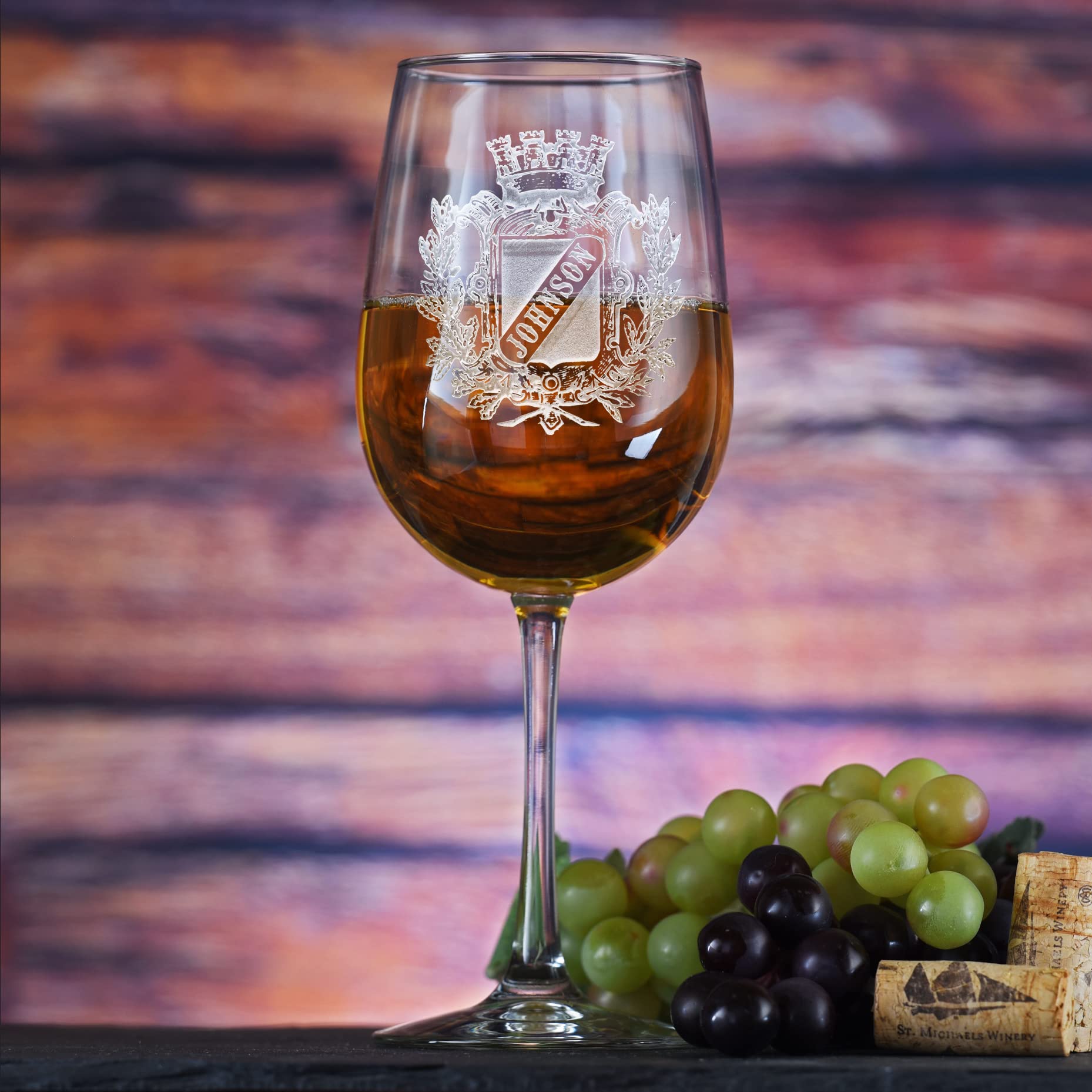 Personalized Family Crest Wine Glass Set of 6 - Engraved Coat of Arms Stemware for Weddings, Anniversaries & Family Gatherings - Elegant Gift for Wine Lovers
