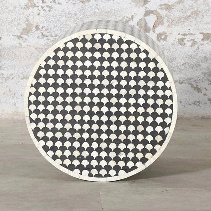Handmade Black and White Bone Inlay Drum Stool - Boho Chic Side Table, Ottoman & Decorative Stool for Living Room, Bedroom or Meditation Space