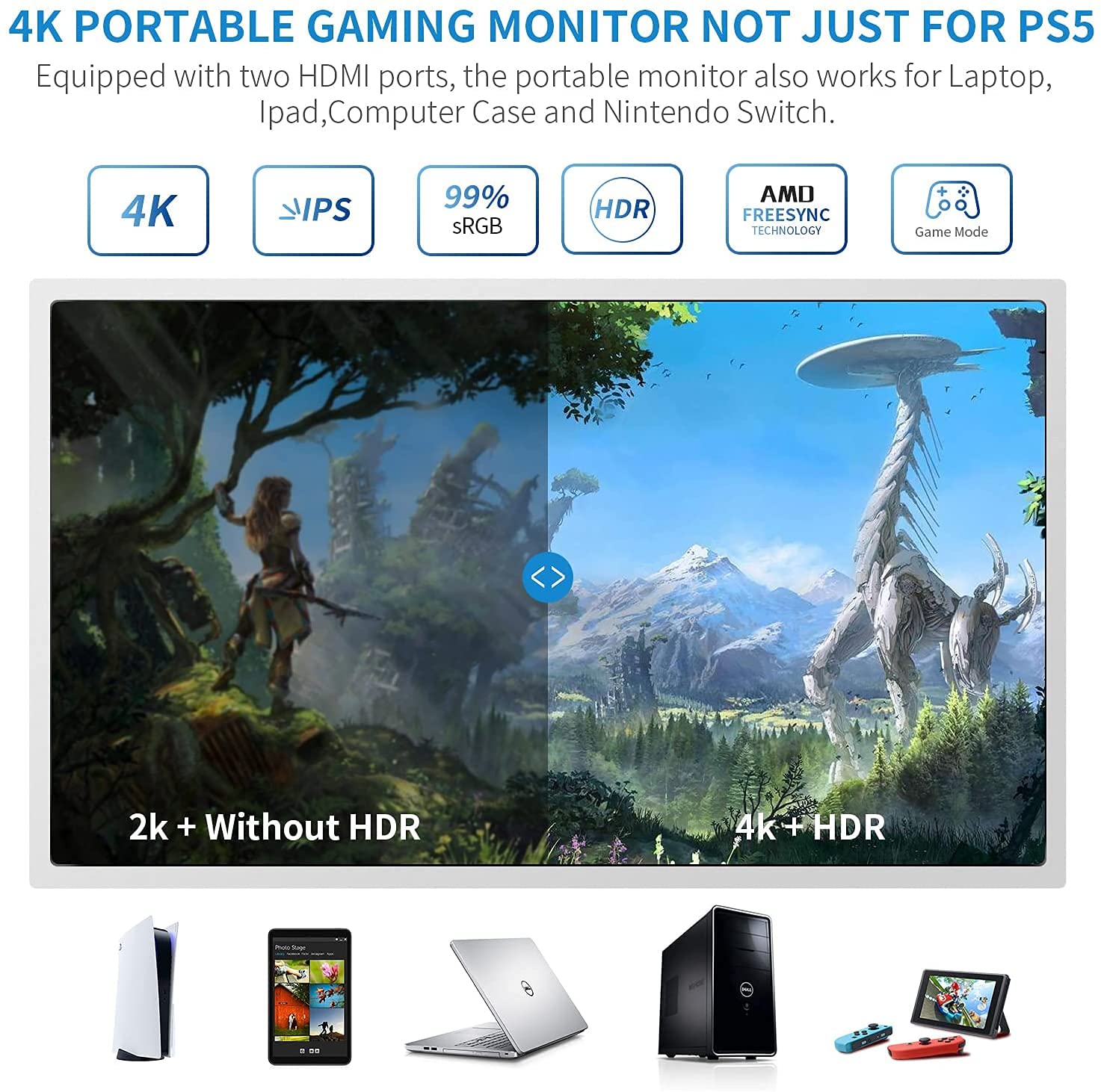 G-STORY 15.6 Inch Portable UHD 4K IPS Gaming Monitor for PS5 with Dual HDMI, HDR, FreeSync & Game Mode - Lightweight Travel Monitor for PS5, Laptops & Consoles - Perfect for Gaming, Work & Entertainment On-The-Go