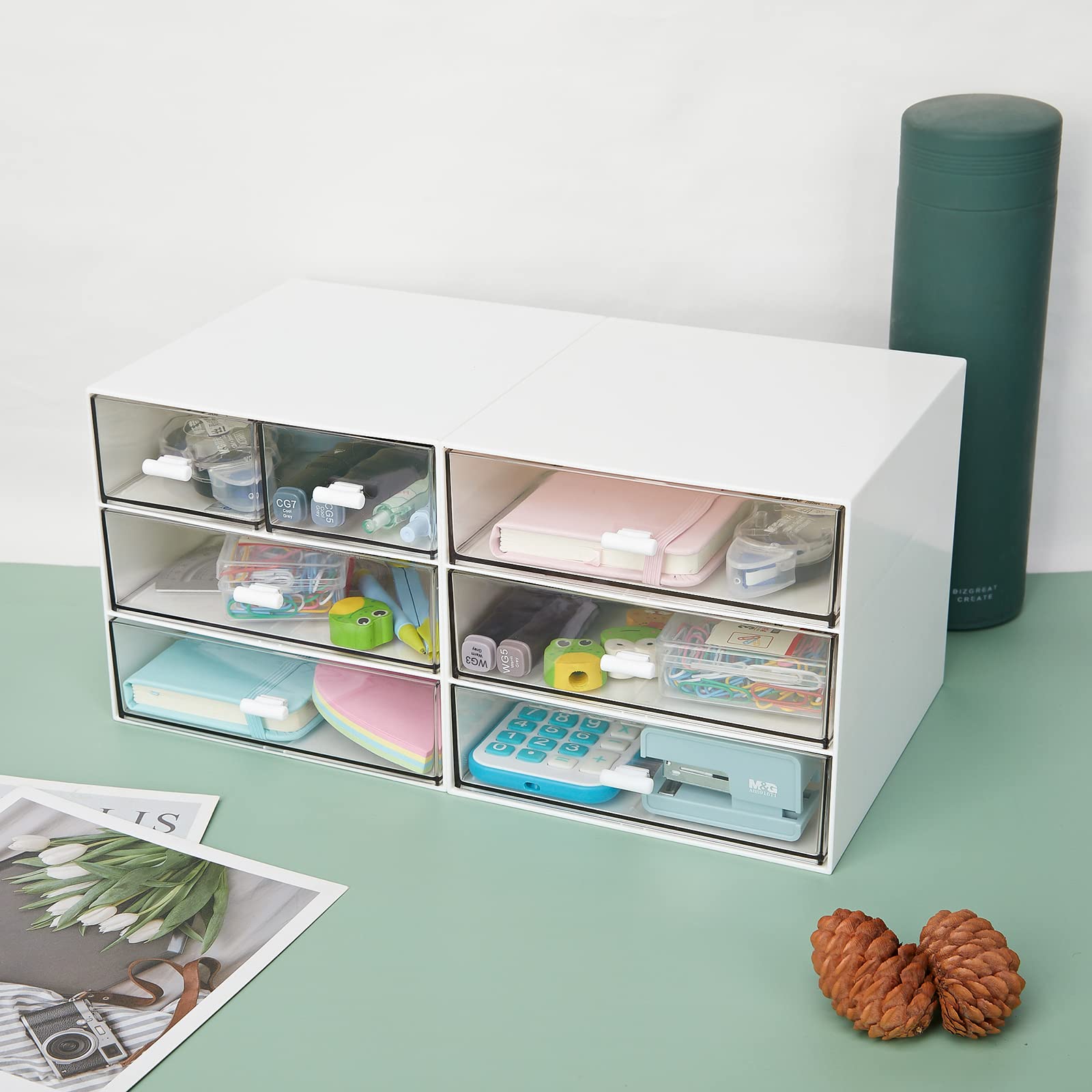 3-Drawer Clear Plastic Desk Organizer - Office Supplies Storage Box for Gel Pens, Pencils, Markers, Tape, Erasers, Paperclips & Chargers | Perfect for Home Office, School Desk & Workspace Organization (White)