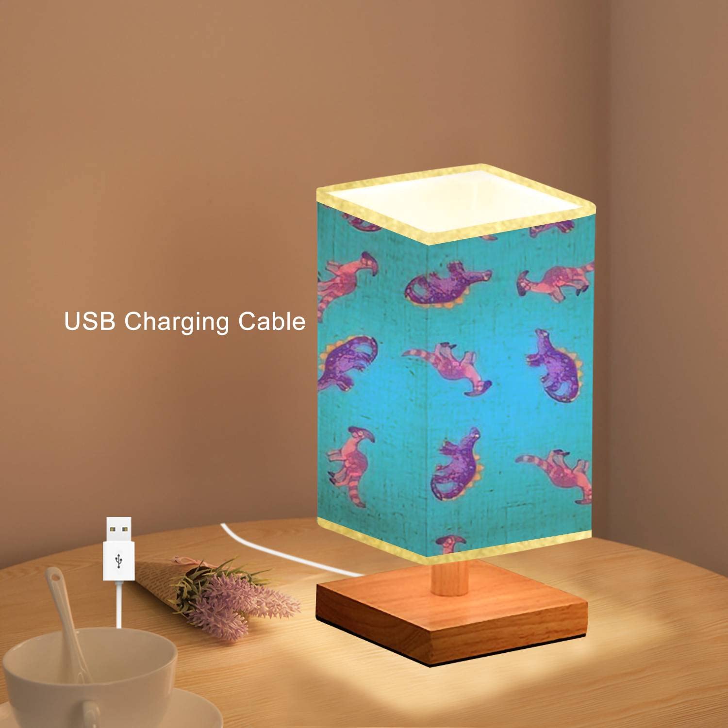 Dimmable Kids Dinosaur Nightstand Lamp - Cute Wooden Base with Flaxen Fabric Shade, Bedside Table Lamp for Nursery, Bedroom & Living Room | Perfect Reading Light and Decorative Accent for Kids' Rooms