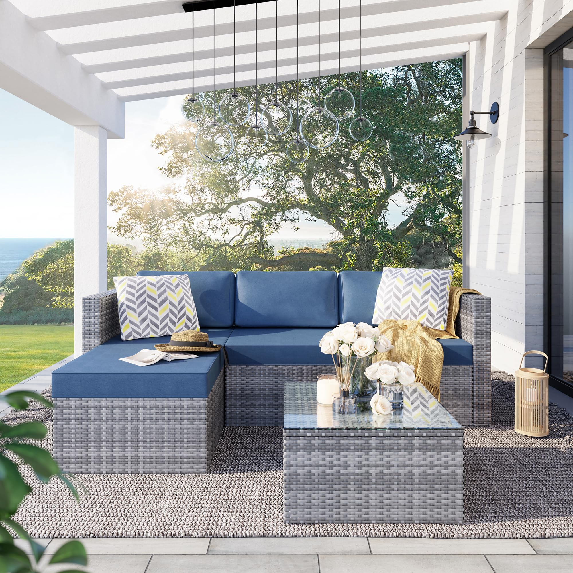 Premium 3-Piece Outdoor Patio Furniture Set with Detachable Cushions - All-Weather PE Rattan Sectional Sofa & Glass Coffee Table (Silver/Aegean Blue) - Perfect for Backyard, Garden, Poolside & Terrace Relaxation