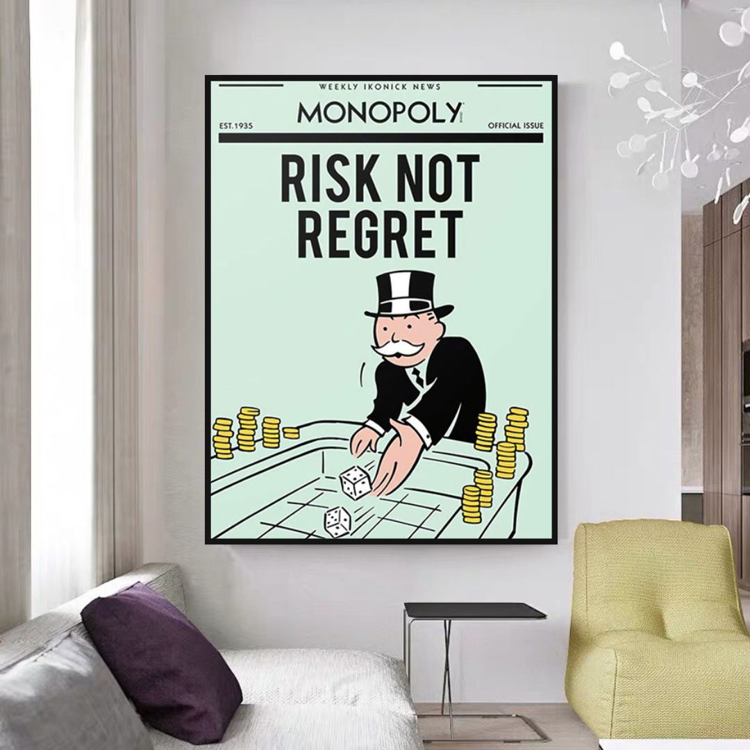 Alec Monopoly Risk Not Regret Playing Cards Canvas Wall Art - Pop Culture Home Decor for Living Room, Game Room & Office