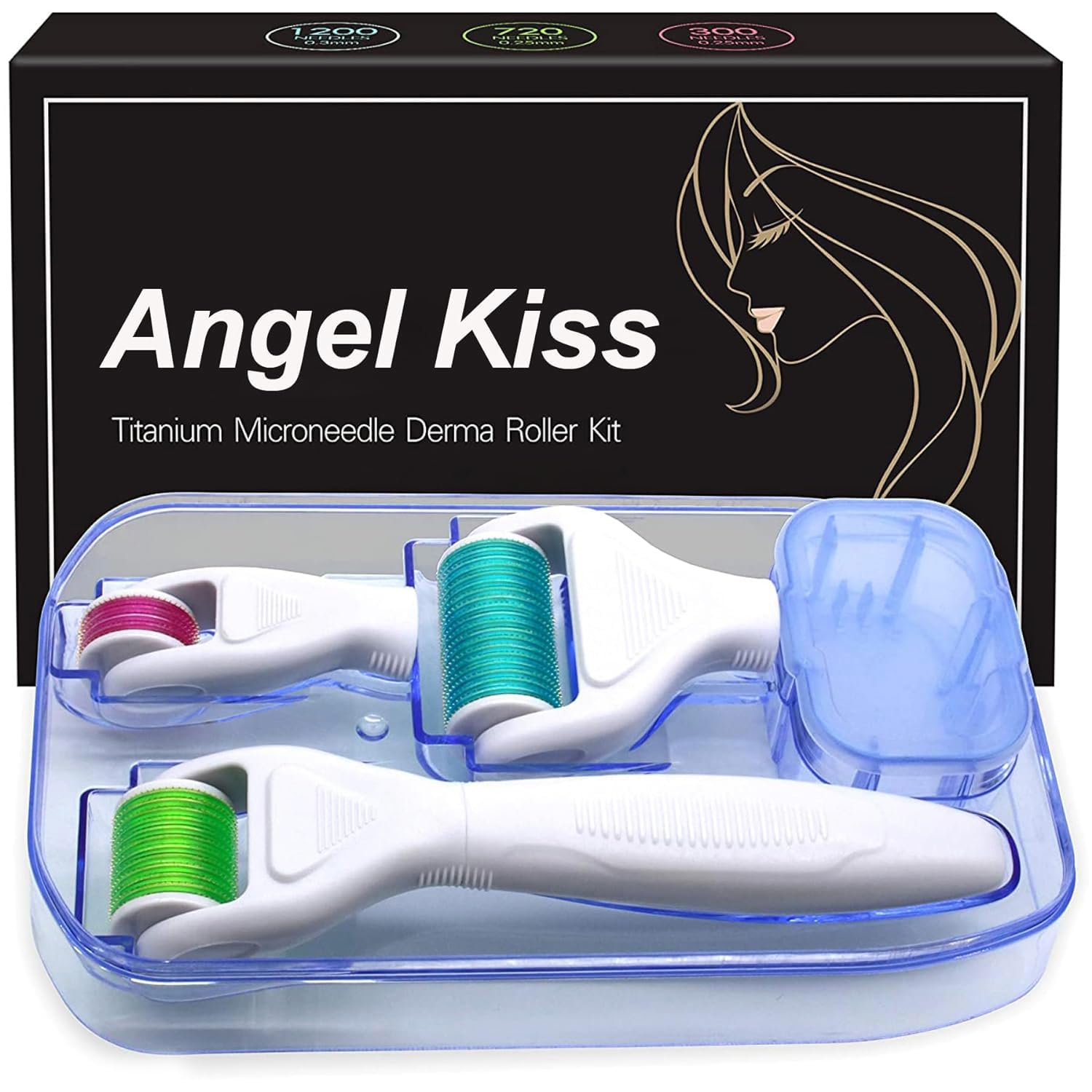 Angel Kiss 4-in-1 Titanium Derma Roller Kit for Face & Body - 0.25mm (300/720 Needles) & 0.3mm (1200 Needles) Microneedling Roller for Microdermabrasion - Skin Care Treatment for Men & Women - Perfect for Anti-Aging, Acne Scars & Hair Growth