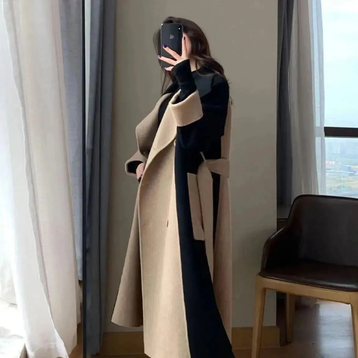 Stylish Women's Wool Blend Patchwork Trench Coat | Fashionable Winter Long Coat with Unique Design | Perfect for Office, Dating & Outdoor Activities