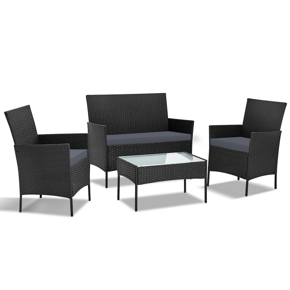4-Seater Outdoor Wicker Sofa Set with Table & Chairs - Patio Furniture in Black - Perfect for Backyard, Garden, Poolside & Deck Relaxation