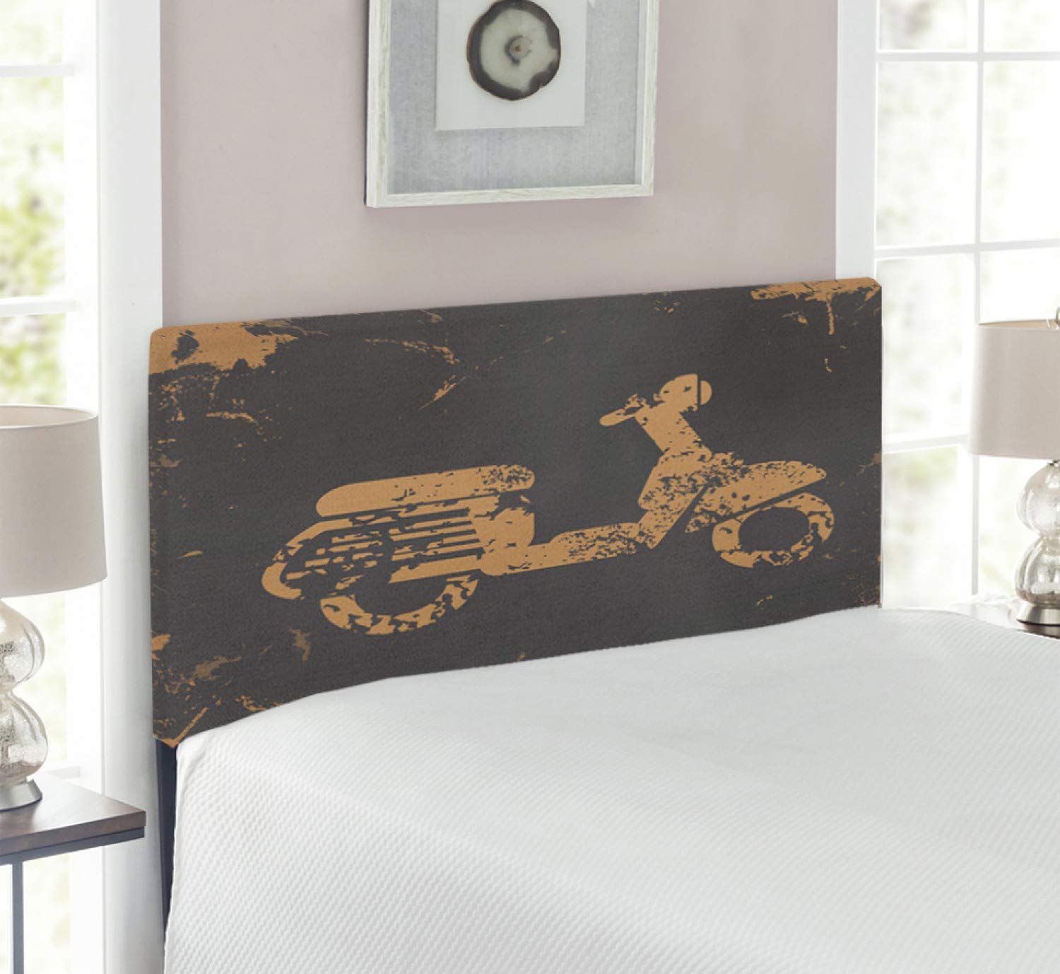 Ambesonne Grunge Headboard - Retro Motorcycle Vintage Sports Illustration Upholstered Metal Bed Frame with Memory Foam, Twin Size in Charcoal Grey & Pale Brown - Perfect for Biker Themed Bedrooms & Vintage Home Decor