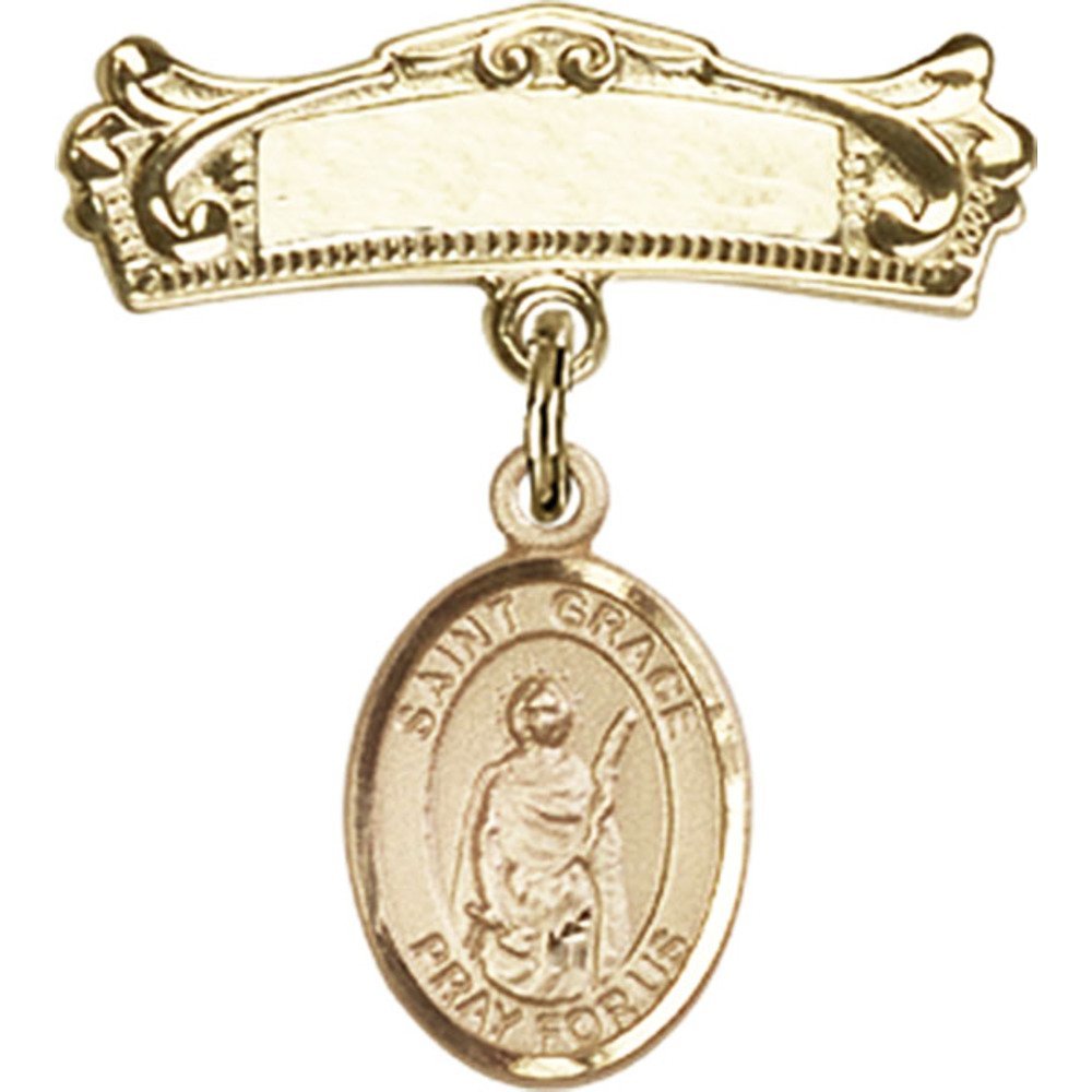 Gold Filled Baby Badge with St. Grace Charm & Arched Polished Pin - 7/8 x 3/4 Inch - Perfect for Christening, Baptism & Newborn Gifts