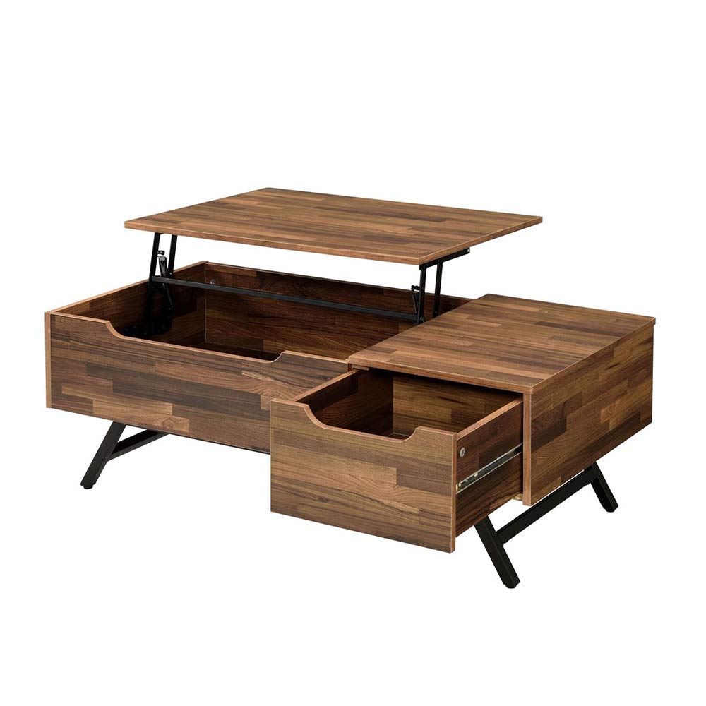Modern Lift-Top Coffee Table with Storage Drawer - Solid Wood Lift Tabletop for Living Room, Home Office & Reception Areas - Walnut Finish with Black Metal Legs - Perfect for Small Spaces, Entertaining & Hidden Organization