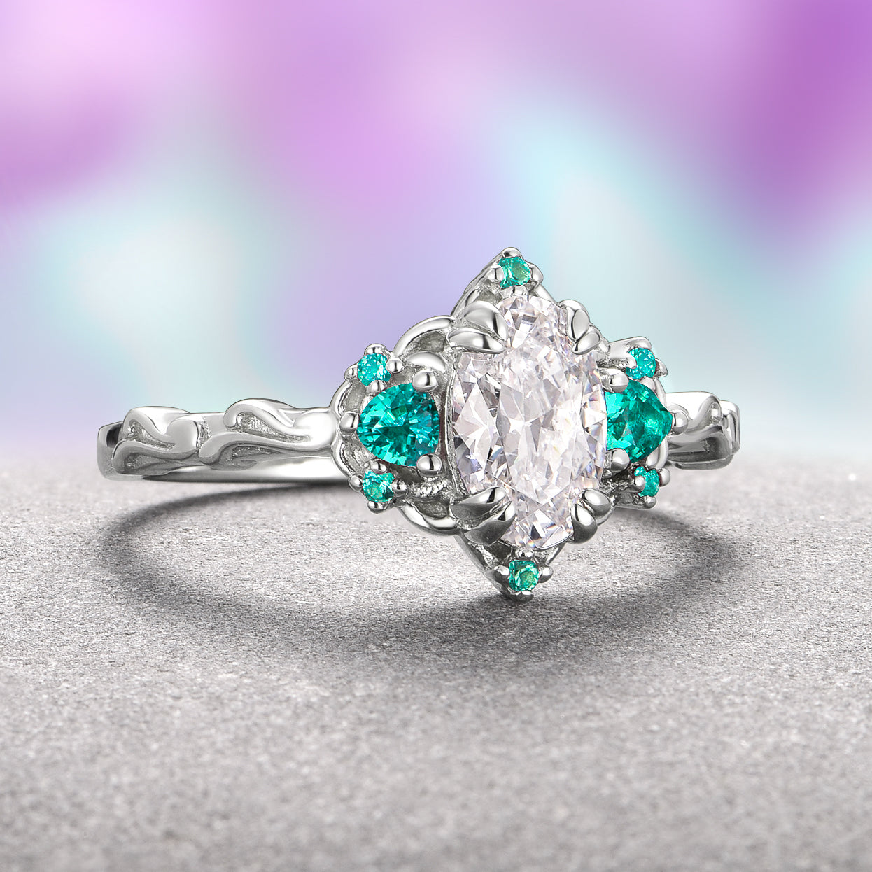 14K White Gold Moissanite & Paraiba Tourmaline Engagement Ring for Women - Perfect for Wedding, Anniversary & Special Occasions