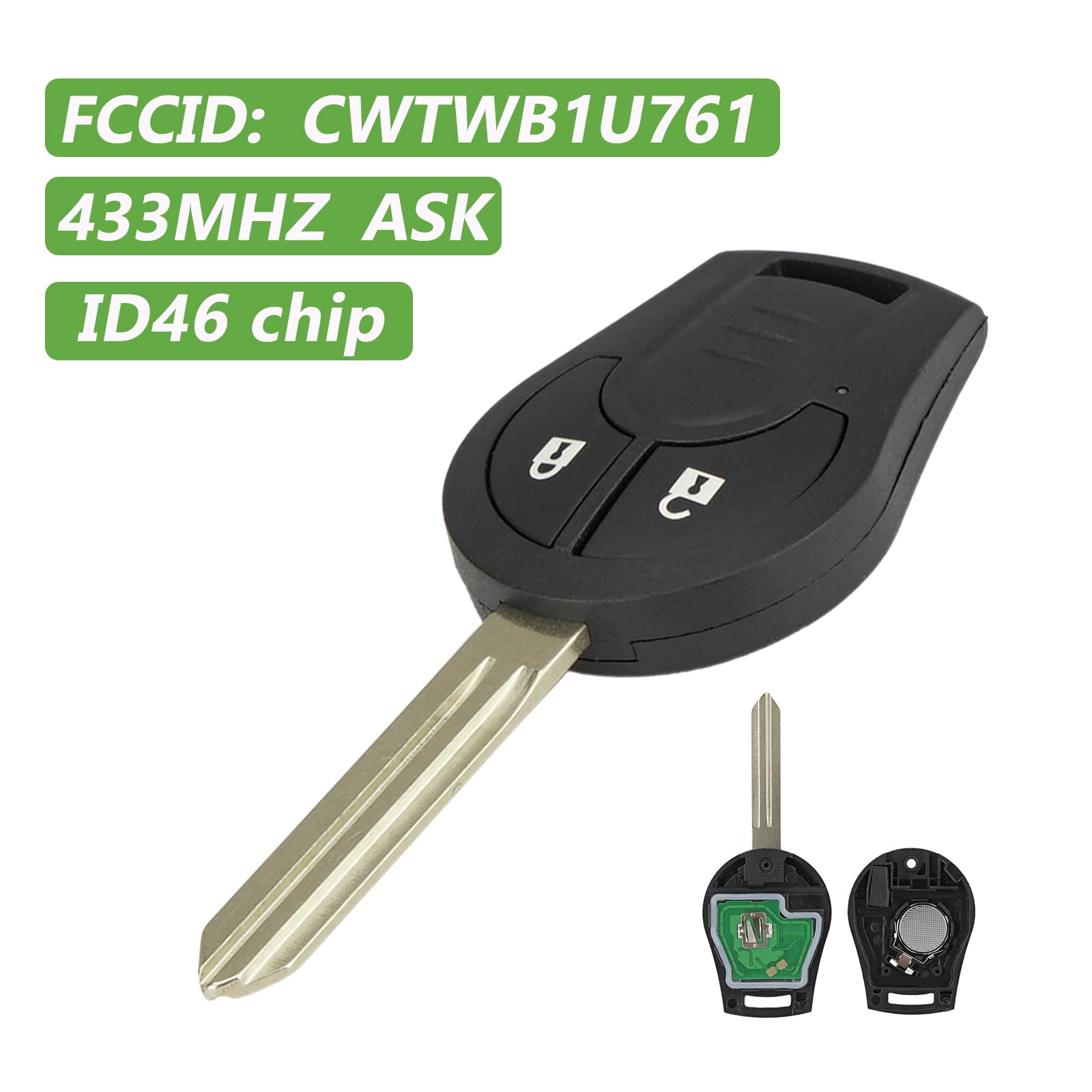 2 Button Car Remote Key Fob Replacement for Nissan Juke F15/Navara D23M/Micra K13 - 433MHz ASK FCC ID: CWTWB1U761 (ID46 Chip) with Screwdriver & Key Ring - Perfect for Key Replacement, Vehicle Access & Security