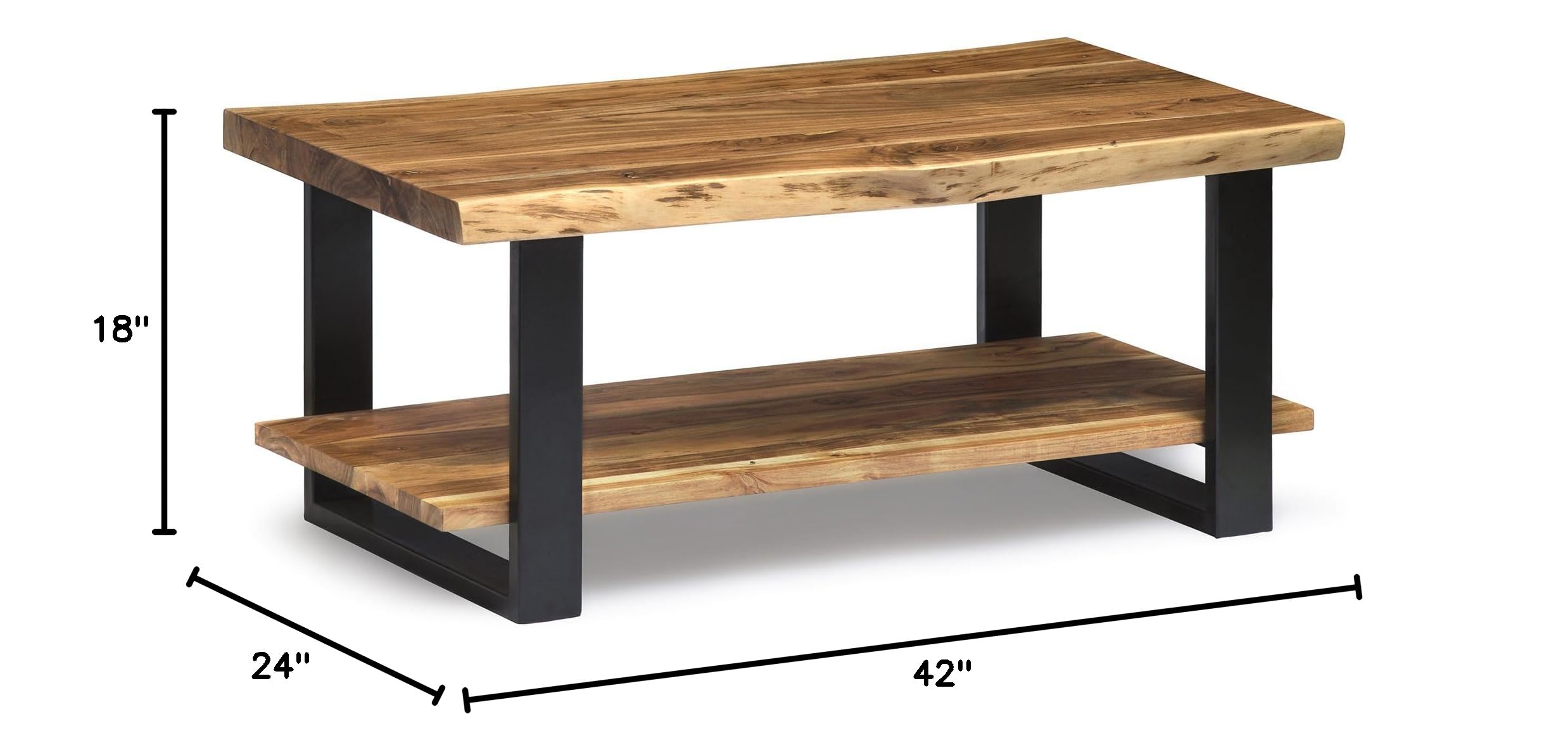 Alpine Natural Live Edge Acacia Wood 2-Shelf End Table with Black Metal Accents & Nylon Floor Protectors - Industrial Rustic Mixed Material Coffee Table for Living Room, Bedroom, or Office