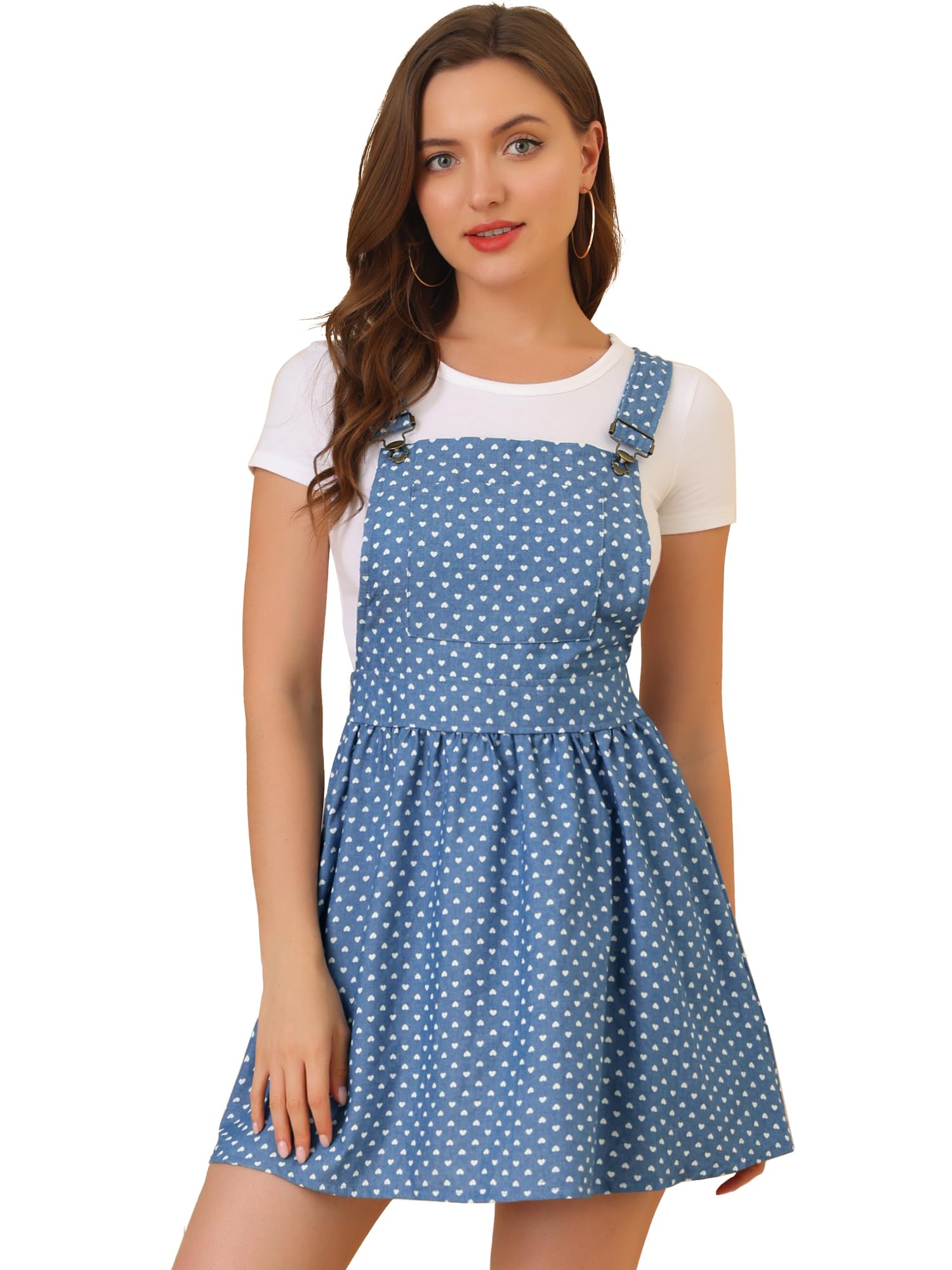 Allegra K Women's Printed Chambray Pinafore Dress with Adjustable Straps - Stylish Mini Overalls for Casual Outings, Date Nights & Summer Fashion