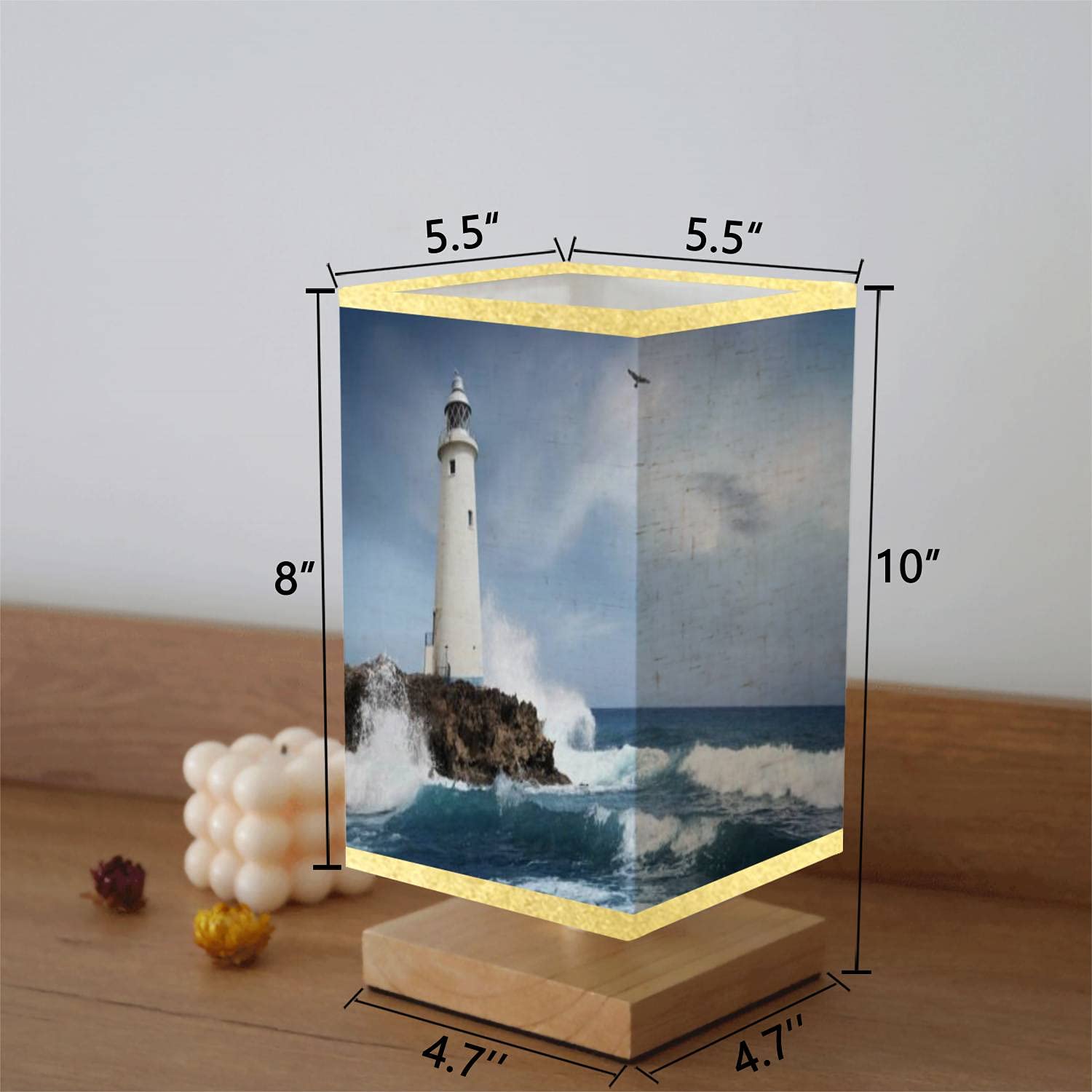 White Lighthouse on The Cliff Square Bedside Table Lamp - Wooden Base with Flaxen Fabric Shade, Dimmable Nightstand Lamp for Bedroom & Living Room (5.5x10 Inch) - Perfect for Coastal Decor, Reading Nook & Guest Room Ambiance