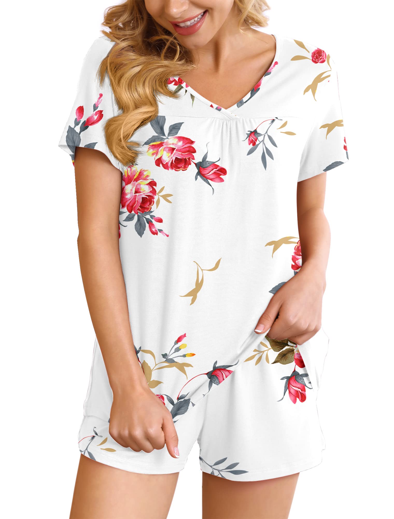 POKWAI Women's Soft 2-Piece Pajama Set with Pockets - Short Sleeve & Shorts Lounge Sleepwear for Summer Nights, Relaxing at Home, and Travel Comfort