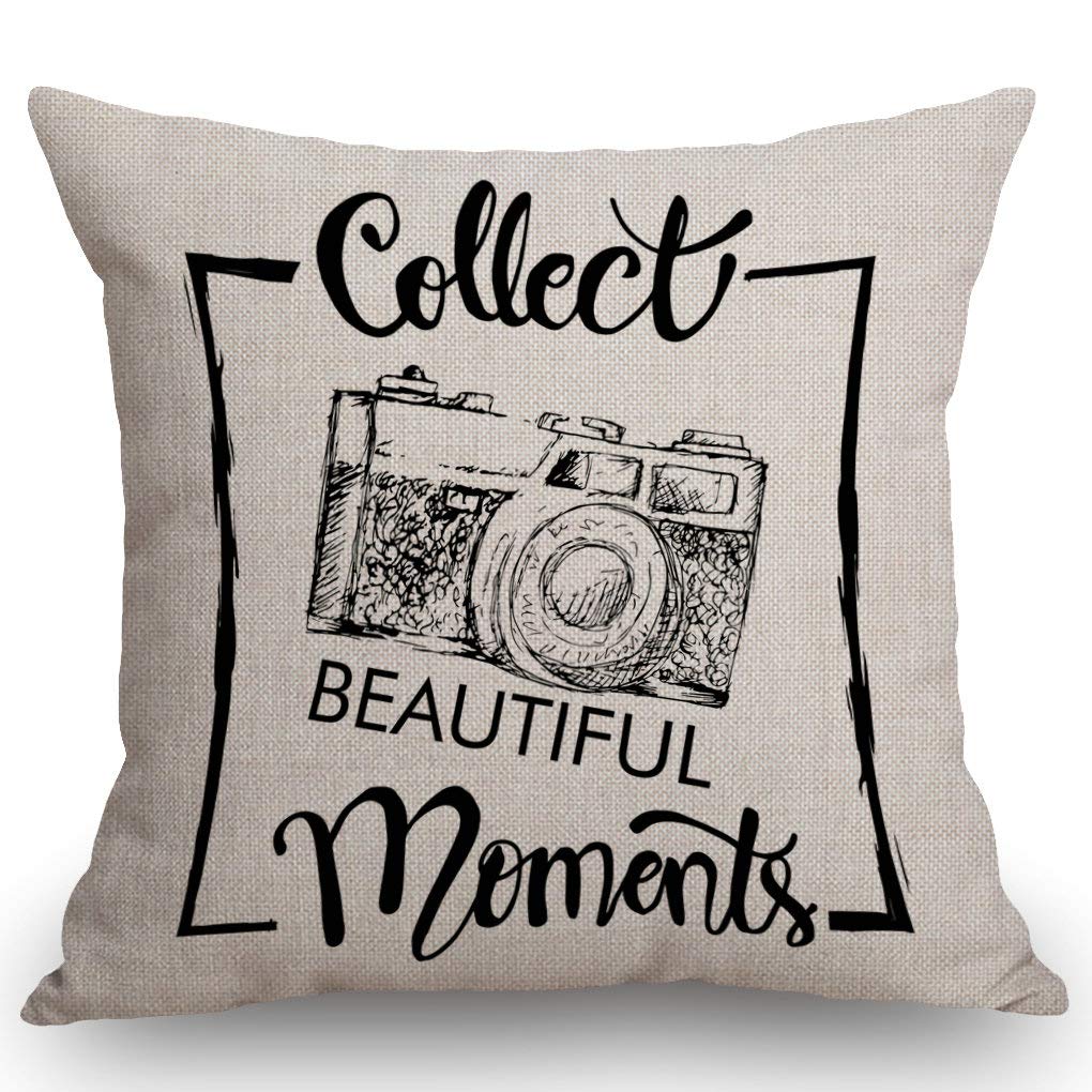SSOIU Motivational Quote Throw Pillow Cover 18x18 Inch - Retro Camera Design Cotton Linen Decorative Pillow Case for Couch, Bedroom, Living Room - Home Decor Gift for Photography Lovers & Vintage Style Enthusiasts