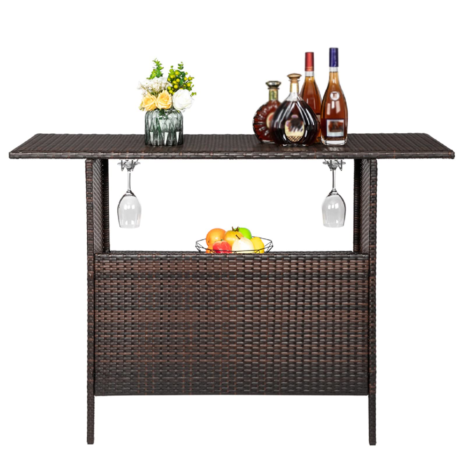 CHZWYT Outdoor Patio Bar Table - Weather Resistant Wicker Rattan Garden Furniture with 2 Shelves & Rails - Easy Assembly Brown Bar Counter for Deck, Backyard, Poolside & BBQ Parties