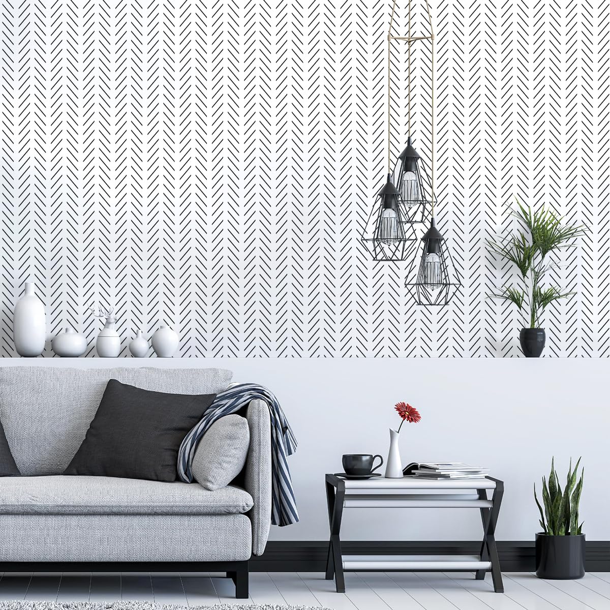 Modern Black & White Herringbone Peel and Stick Wallpaper - Self-Adhesive Removable Contact Paper (17.7