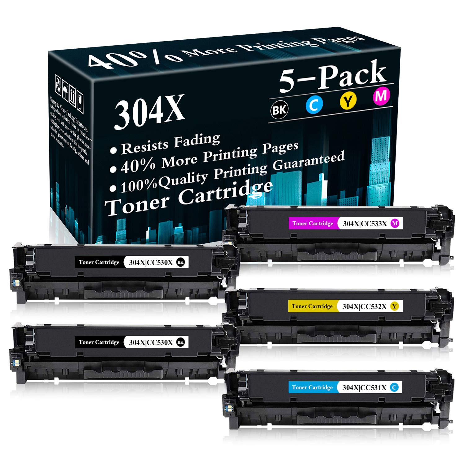 5-Pack Remanufactured Toner Cartridge Set (Black+Cyan+Magenta+Yellow) - Compatible with HP Color LaserJet Pro CP2025/CM2320 Series Printers | High-Quality Replacement for CC531X/CC532X/CC533X | Perfect for Office & Home Printing Needs