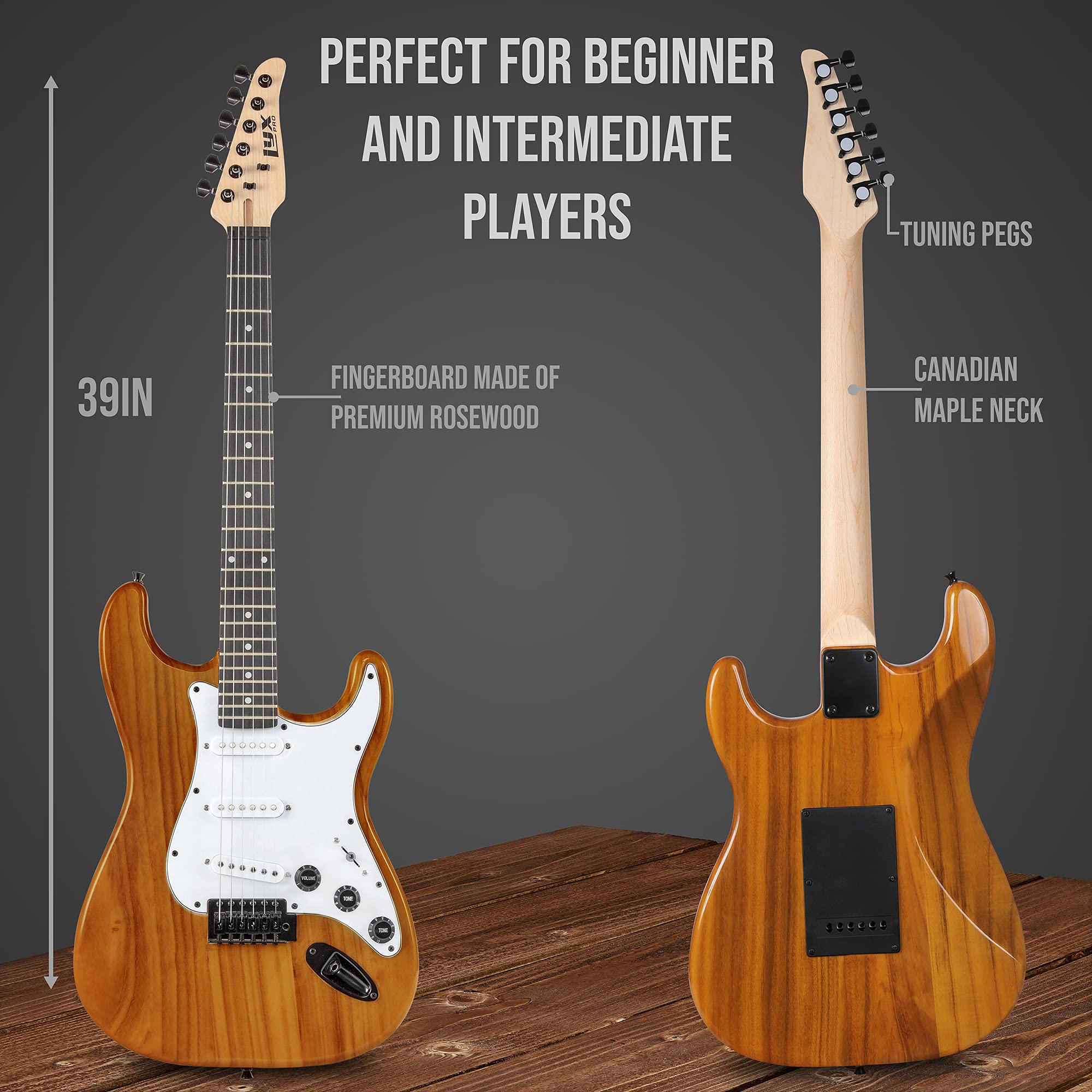 LyxPro 39 Inch Full Size Electric Guitar Starter Kit with 20W Amplifier - Mahogany Body, Digital Clip-On Tuner, 6 Strings, 2 Picks, Tremolo Bar, Shoulder Strap & Case Bag - Perfect for Beginners, Practice, Live Performances & Home Recording
