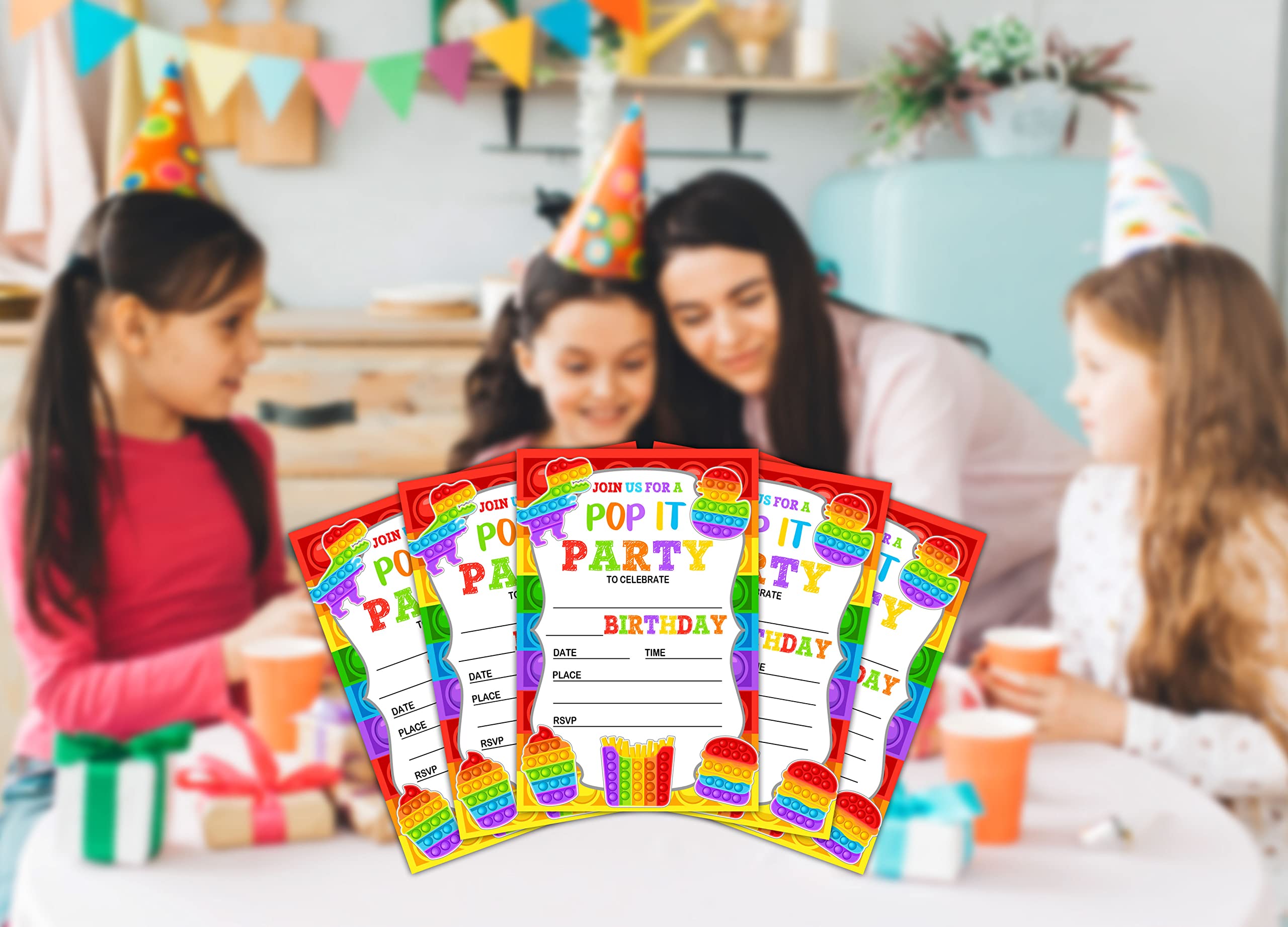 Lesixur Kids Birthday Party Invitation Cards - Rainbow Dinosaur Pop It Invites for Girls & Boys (20 Personalized Cards with Envelopes) - Perfect for Birthday Celebrations, Baby Showers & School Events