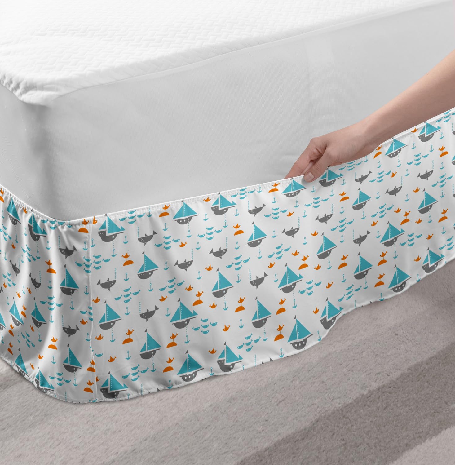 Ambesonne Orange Blue Bed Skirt with Sailboats Seagulls & Fishes Pattern - King Size Wrap Around Elastic Gathered Bedskirt for Coastal Bedroom Decor | Perfect for Nautical Theme Guest Rooms & Beach House Styling