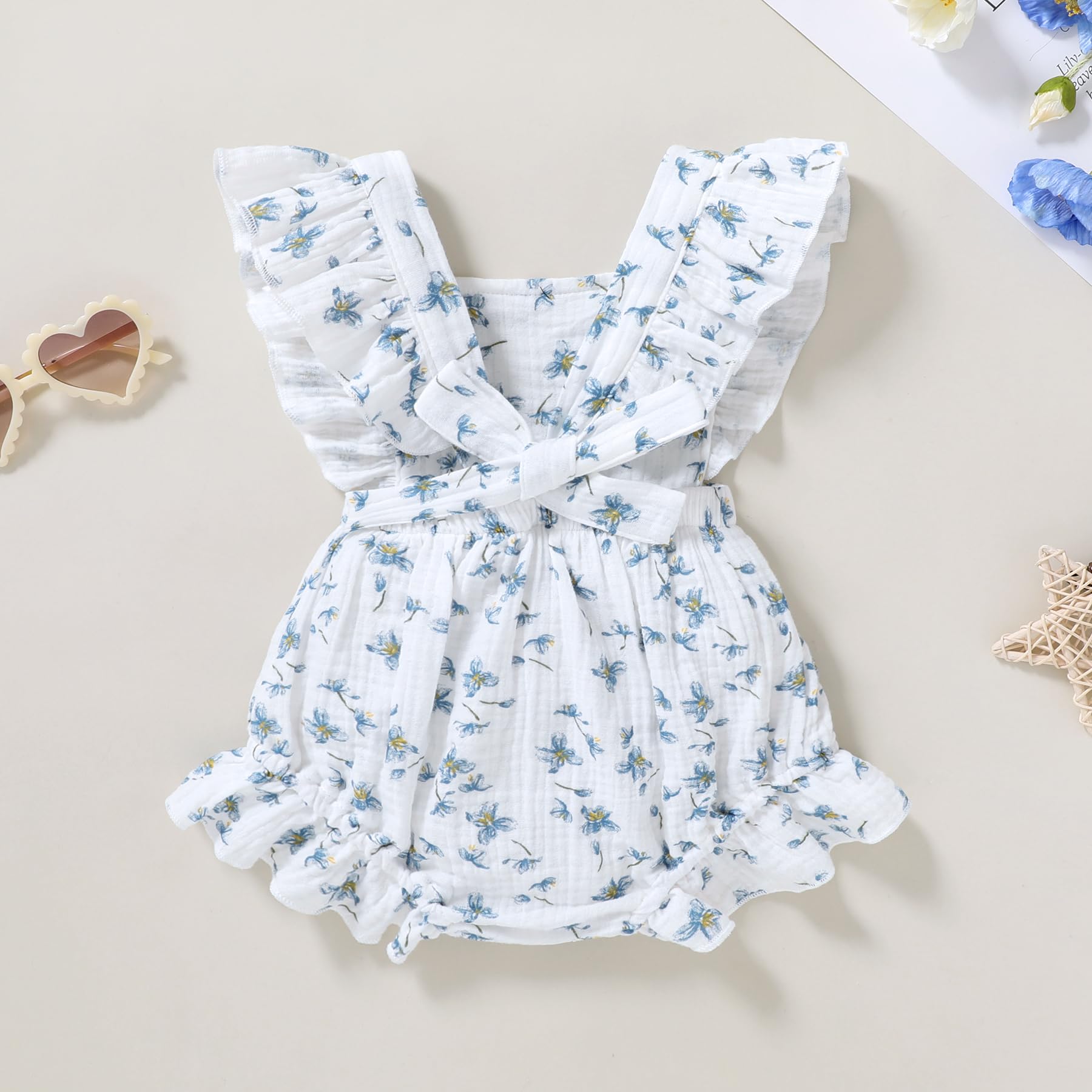 YOUNGER TREE Toddler Baby Girl Ruffled Sleeveless Romper - Soft Cotton Linen Summer Jumpsuit for Girls 0-24 Months | Perfect for Playdates, Beach Outings & Family Photos