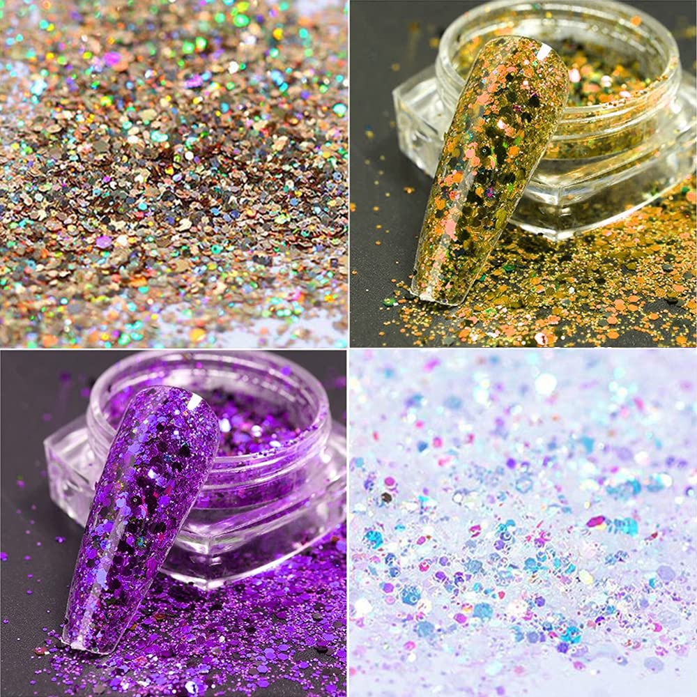 Holographic Acrylic Nail Art Kit - 6 Boxes Glitter Powder Set with 3D Flakes for Professional Nail Designs | Perfect for Salon, DIY Manicures & Special Occasions