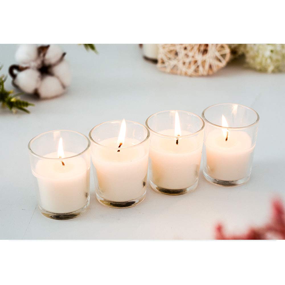 Unscented Soy Wax Votive Candles with Clear Glass Holders - 12 Hour Long Burning Time for Wedding Centerpieces, Party Decorations & Romantic Dinner Ambiance