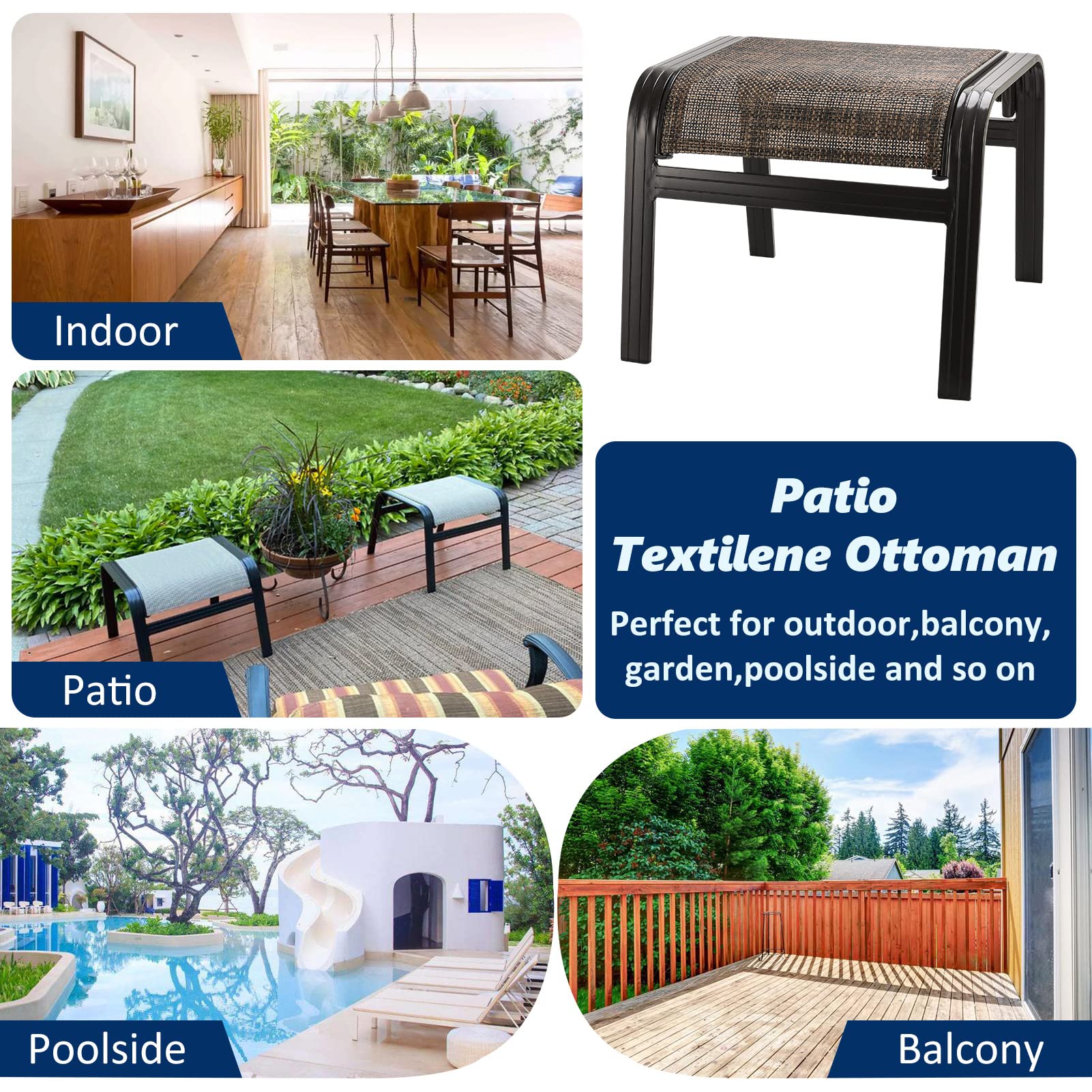 Outdoor Patio Foot Rest Ottoman - Textilene & Metal Portable Footstool - Set of 2 Brown - Perfect for Garden, Deck, Poolside & Patio Relaxation