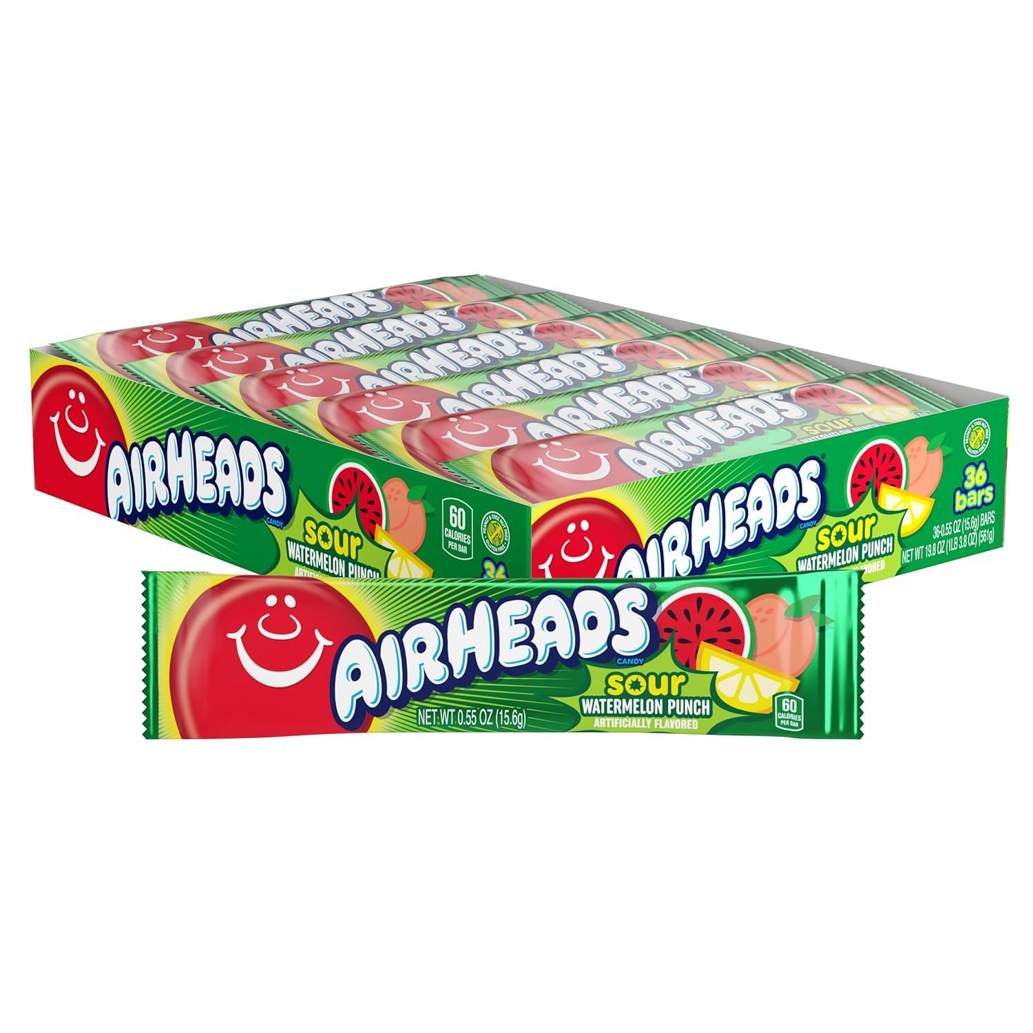 Airheads Sour Full-Size Candy Bars - Sour Watermelon Punch Taffy Candy, Individually Wrapped (36 Count) - Perfect for Halloween, Party Favors & Office Snacks