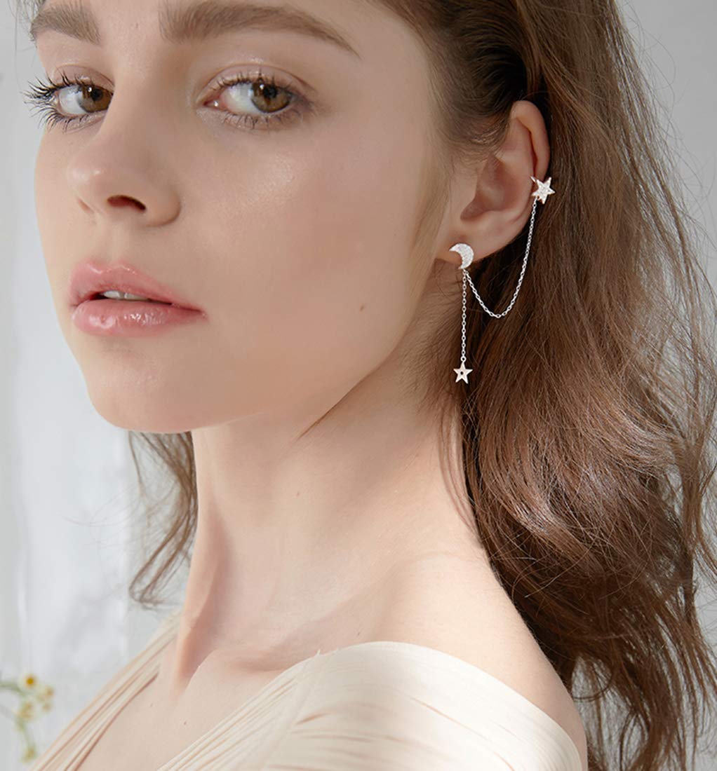925 Sterling Silver Asymmetric Star Moon Crawler Earrings for Women - Dangling Chain Cuff Earrings for Party, Date Night & Special Occasions
