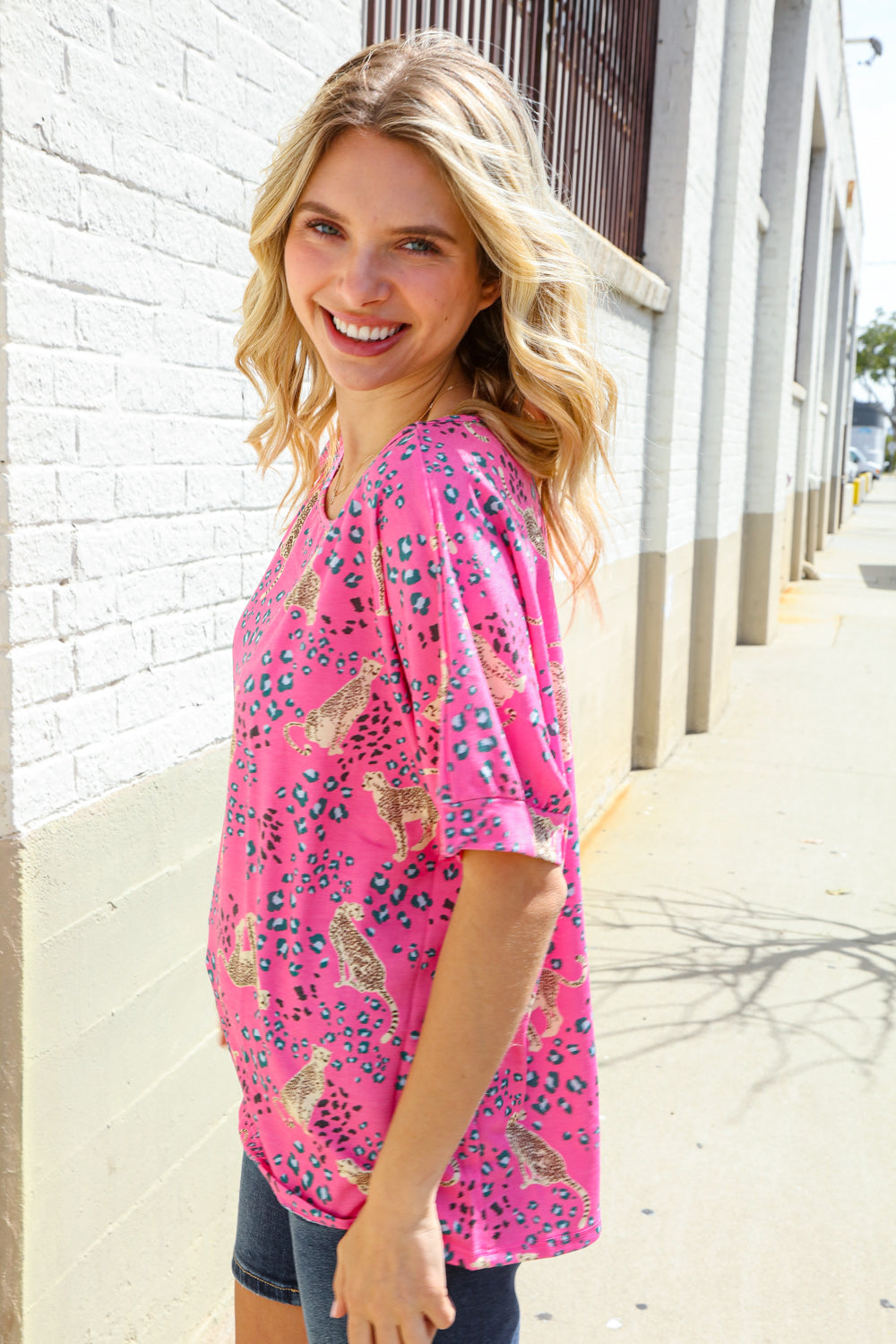 Stylish Hot Pink Cheetah Print Short Sleeve Knit Top for Women | Trendy Animal Print Blouse | Perfect for Casual Outings, Parties & Date Nights