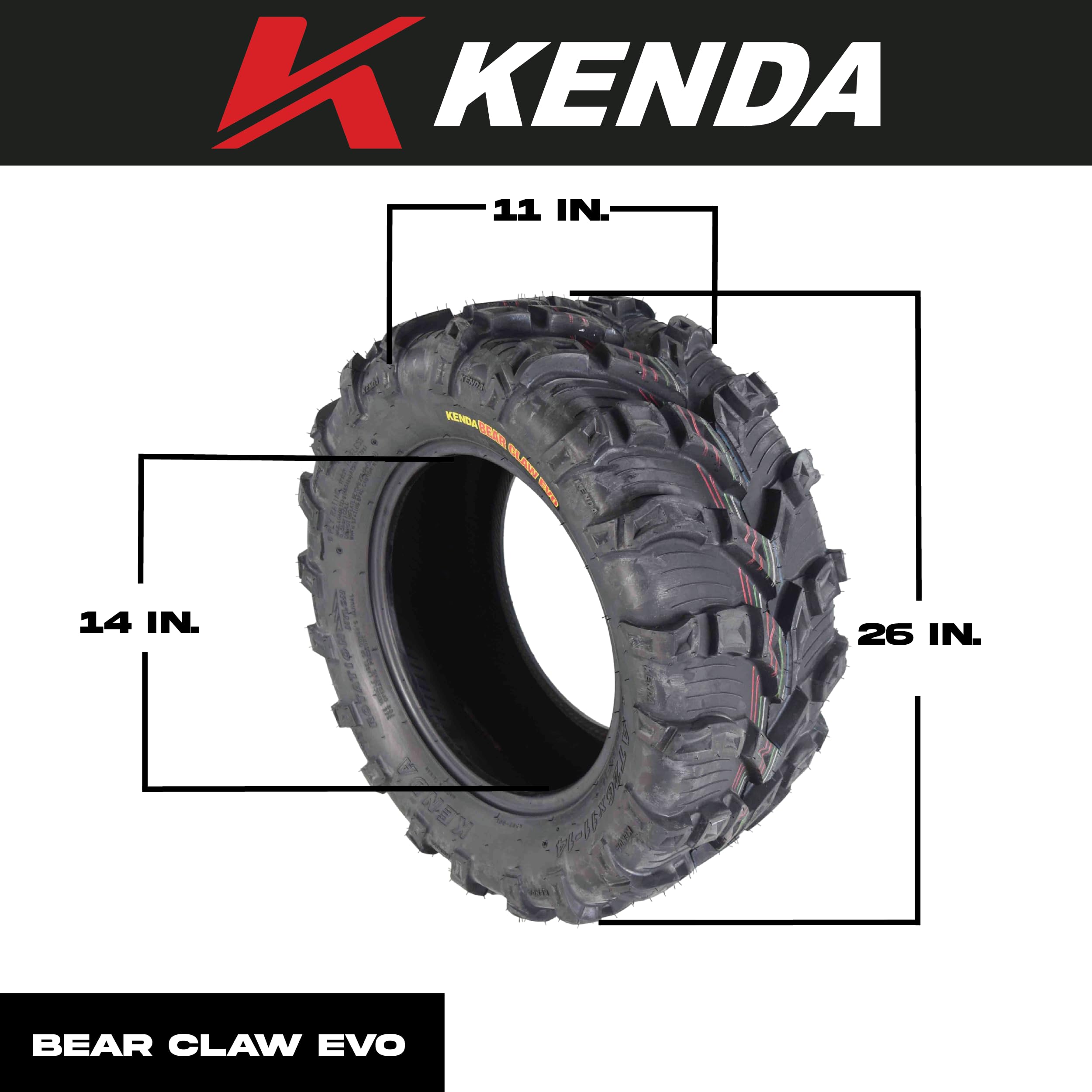 Kenda Bear Claw EVO 26x9-14 Front & 26x11-14 Rear ATV/UTV All-Terrain Mud Tires (4-Pack) with Free Bottle Opener Keychain - Perfect for Off-Roading, Hunting & Trail Riding