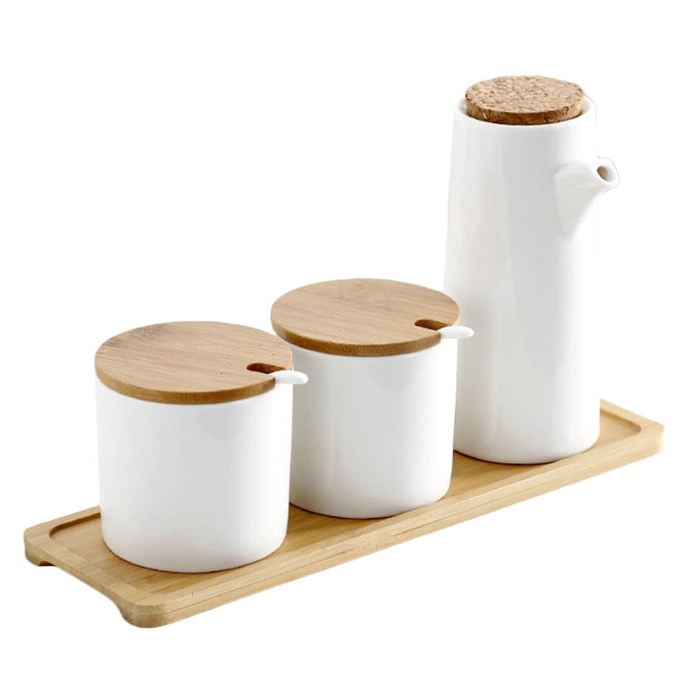 DOITOOL Kitchen Ceramic Seasoning Bottle Set with Wooden Tray - Oil, Vinegar, Soy Sauce, Maple Syrup Dispenser - White, Perfect for Home Kitchen and Dining Table Organization