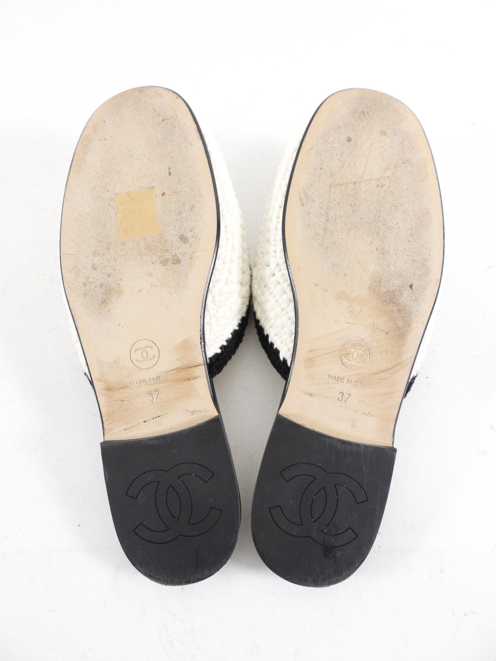 Chanel 2023 Black & White Knit CC Logo Mules - Size 37 | Luxury Designer Slip-On Shoes for Women | Perfect for Casual Outings & Office Wear