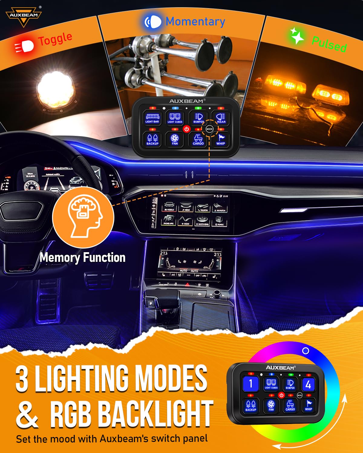 Auxbeam 8 Gang Switch Panel RA80 - Auto-Dimmable RGB LED Toggle Switch Panel with Momentary/Pulse Function, 12V-24V Waterproof Aluminum Switch Panel for Trucks, Offroad Vehicles, Cars, Boats & Marine Use - Perfect for Off-Roading, Overlanding & Marine Applications - 2 Year Warranty