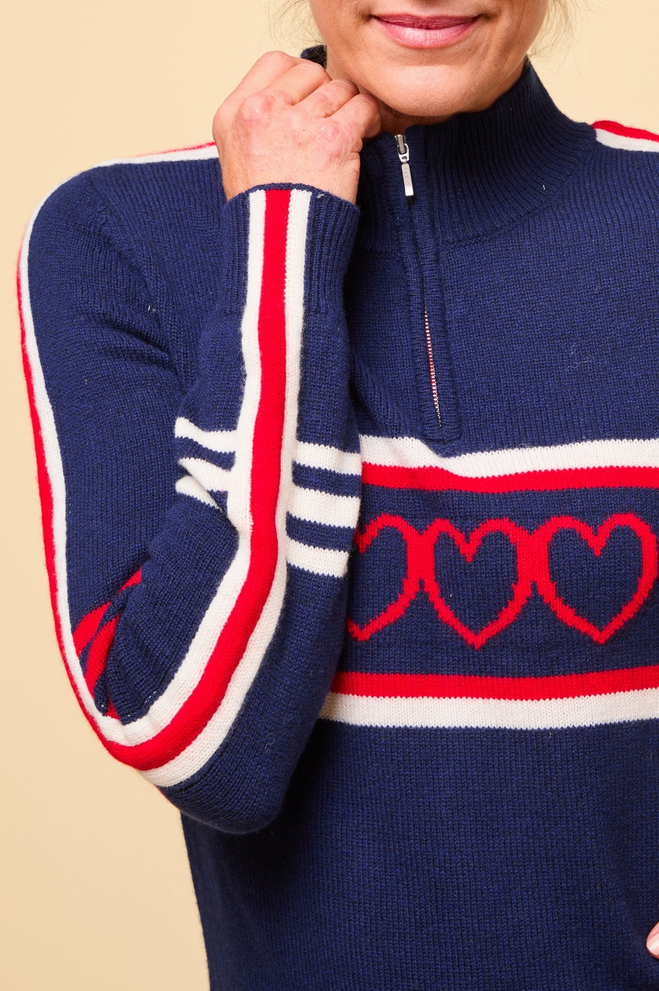 Merino Wool Striped Hearts Quarter Zip Sweater - Navy, Cream, Red | Cozy Winter Pullover for Women & Men | Perfect for Casual Outfits, Outdoor Activities & Layering