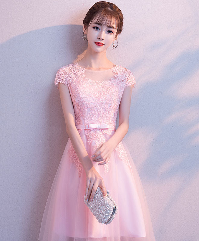 Elegant Pink Round Neck Tulle Lace Short Prom Dress for Homecoming, Party, and Special Occasions