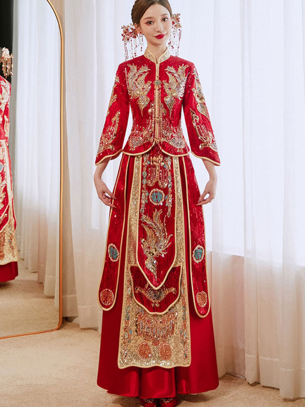 Red Sequined Phoenix Wedding Dress - Traditional Chinese Qun Kwa XiuHe Bridal Gown for Bride & Groom | Perfect for Wedding Ceremonies, Tea Parties & Cultural Celebrations