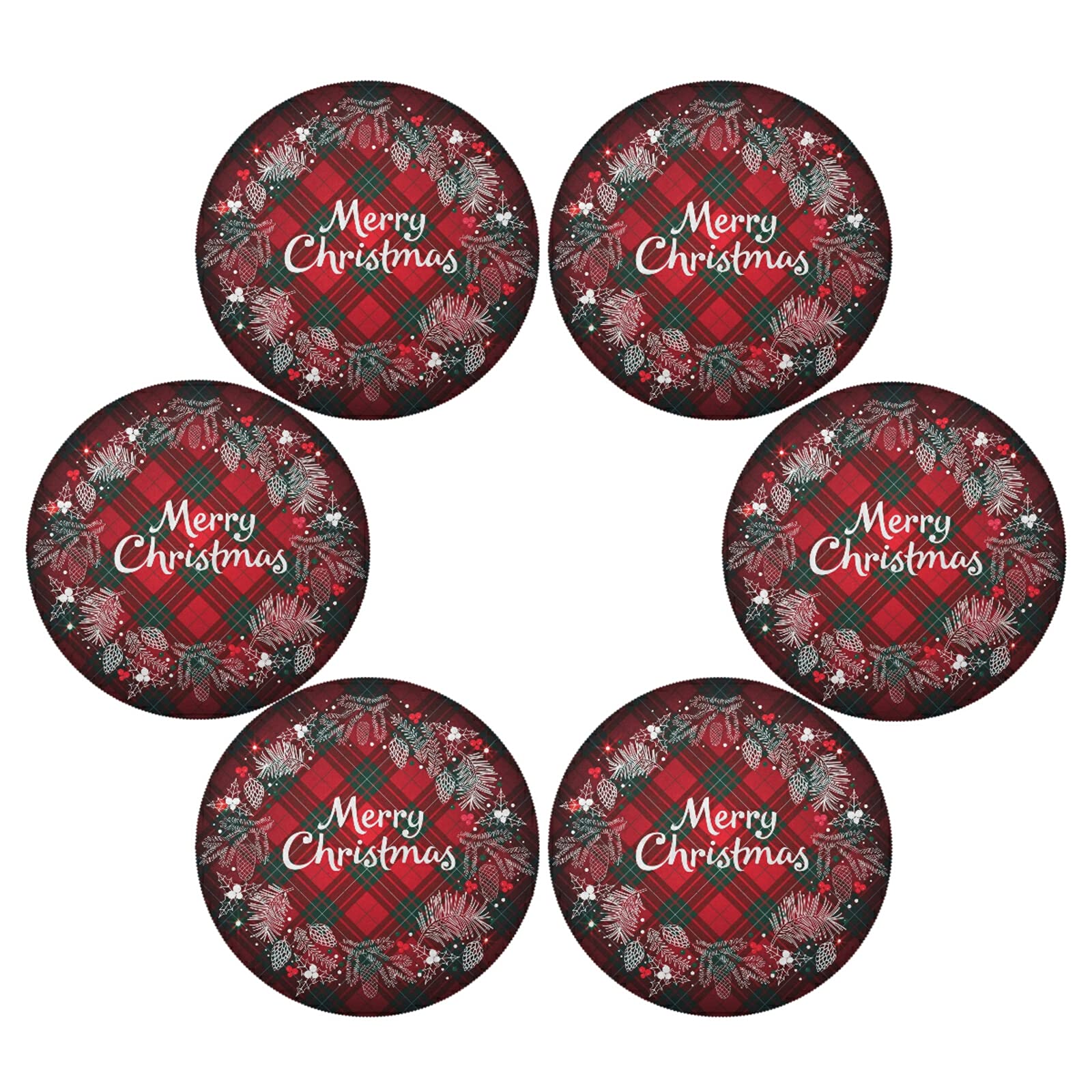 Kcldeci Christmas Round Placemats Set of 4 - 15 Inch Buffalo Check Plaid Wreath Design, Heat Resistant & Easy Care Holiday Dining Table Mats for Christmas Dinner, Party Decor & Festive Home Decor