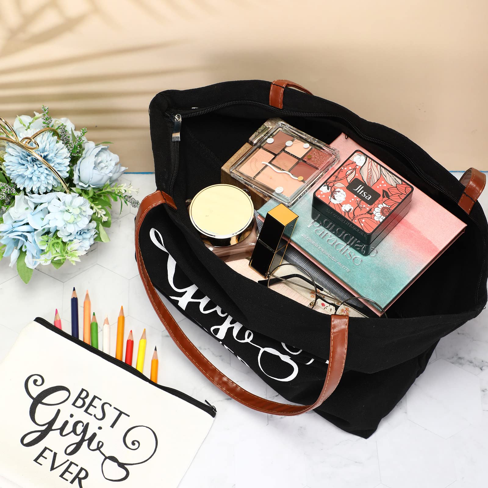 2-Piece Mother's Day Gift Set - Premium Tote Bag & Makeup Bag for Women | Perfect Birthday, Proposal Gift for Mom & Grandma (Gigi Design) | Ideal for Travel, Shopping & Daily Use