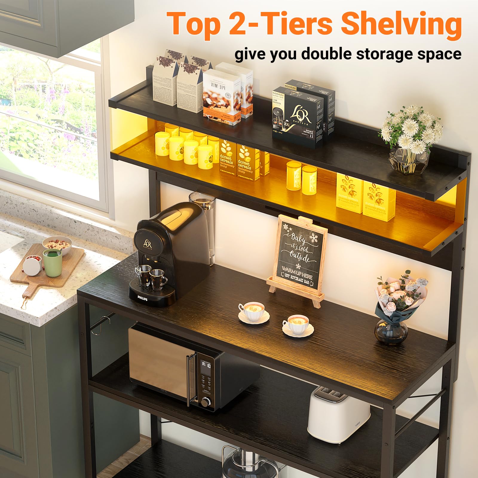 Aheaplus 5-Tier Bakers Rack with Power Outlet & LED Lights - Microwave Stand, Kitchen Storage Shelf with 6 S-Hooks - Perfect Coffee Bar Station for Small Spaces, Kitchen Organization & Home Decor (Black)